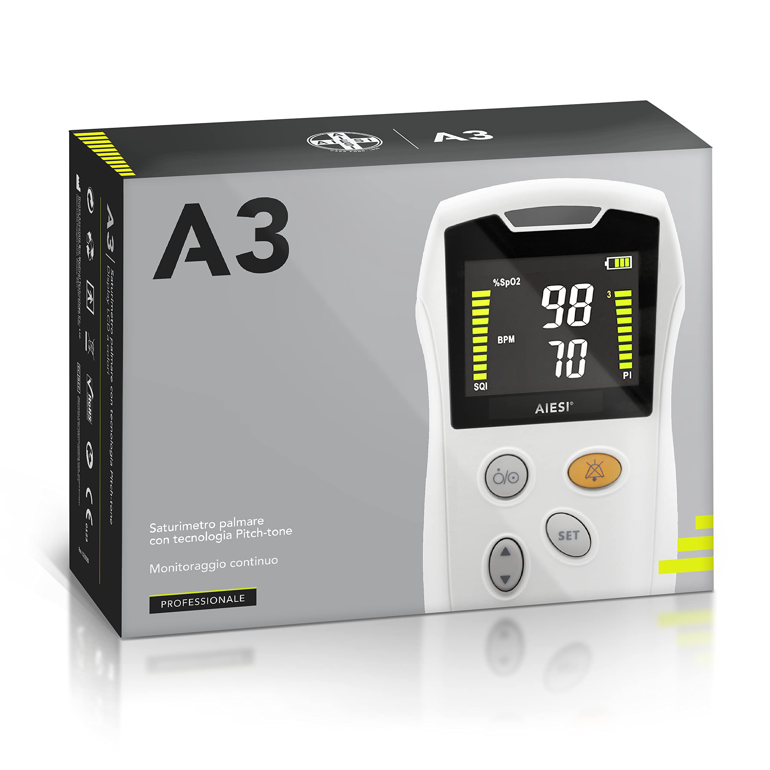 AIESI® Saturimetro da dito Palmare professionale con display a colori e sonda anti-movimento per adulti A3, estremamente preciso, Batteria al litio, Guscio di protezione, Garanzia Italia 24 mesi
