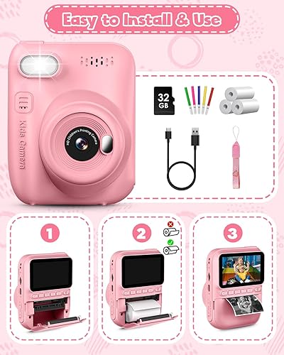 Miniatura 7 de Cámara de impresión instantánea para niños, pantalla HD de 3.0 pulgadas, cámara digital instantánea de 32 MP, regalos de Navidad, cumpleaños,