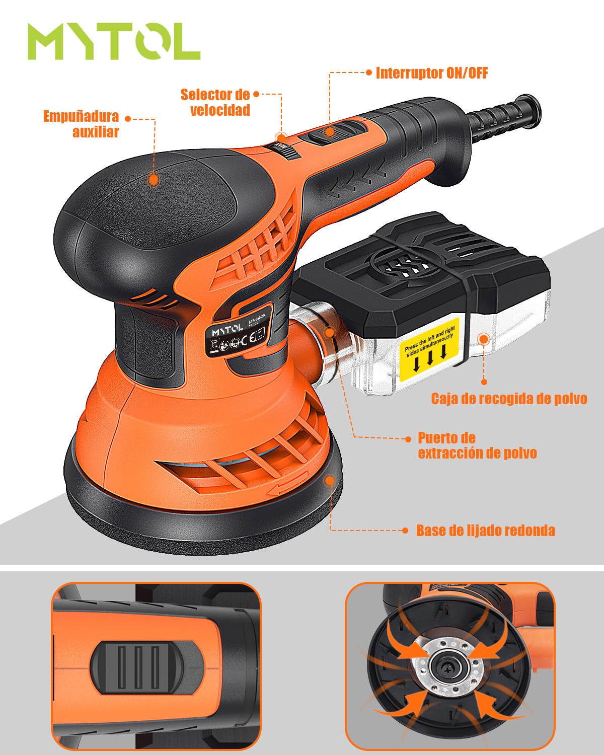 MYTOL Lijadora Madera 350W, 7-Velocidades Variables, 14pzs Papel de Lija(2pzs Papel de Lija Libre de Polvo)& Colector de Polvo,6000-13000 U/min, 125MM Lijadora Orbital para Trabajar Madera/Lijar/Pulir