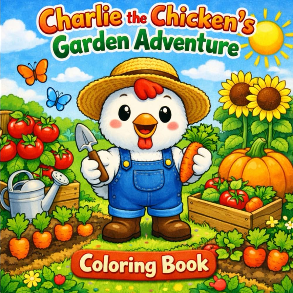 Charlie the Chicken’s Garden Adventure Coloring Book: Big, Bold Easy-To-Color Farm and Garden Scenes for Toddlers and Preschoolers