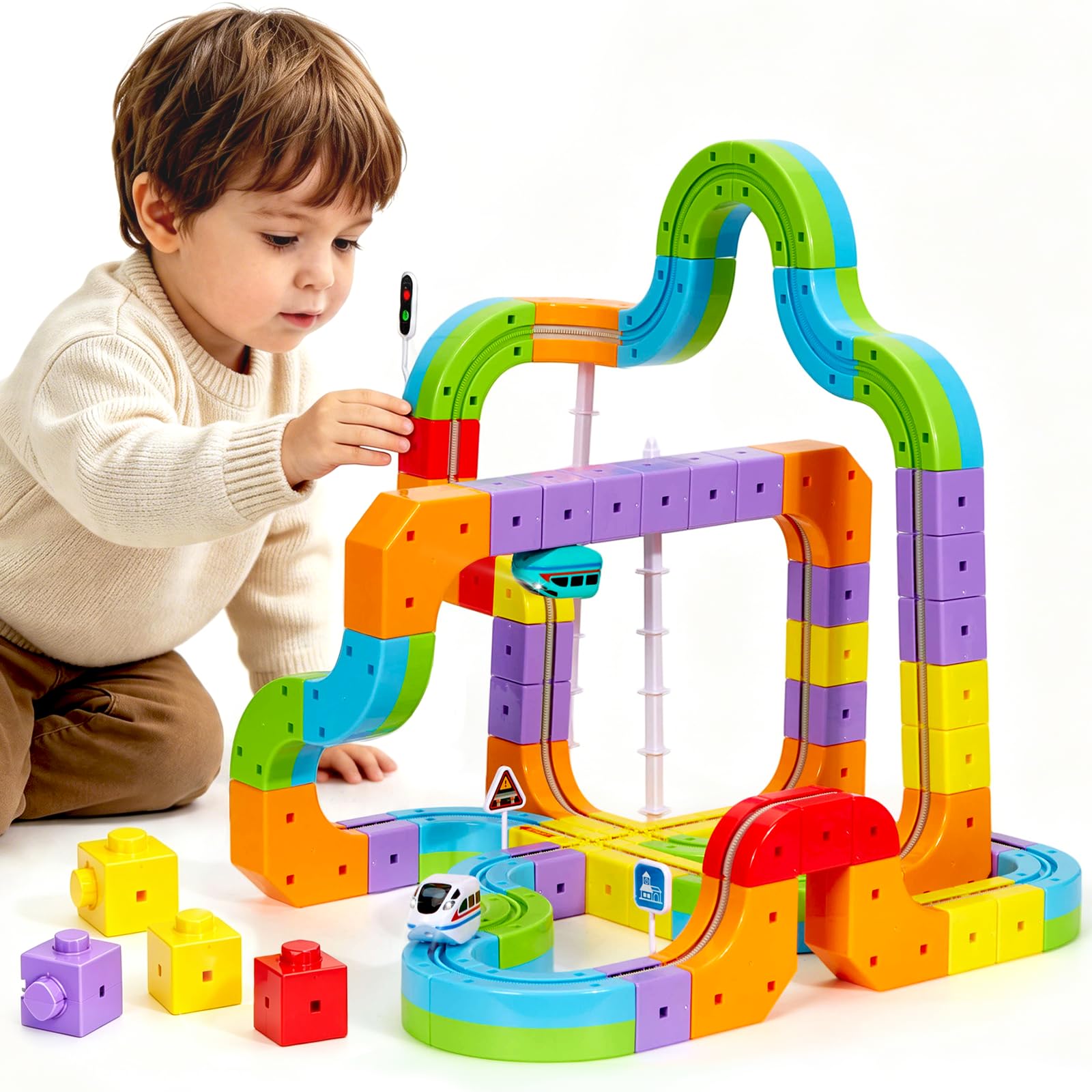 Umikk Clickrail Electric Train Set Flexible Race Track, Magic Rail Block, Magic Rail Block with Gravity Defying 3D, Flexible Race Car Magnetic Track Set, for Kids (Style 1 (88 Stück))