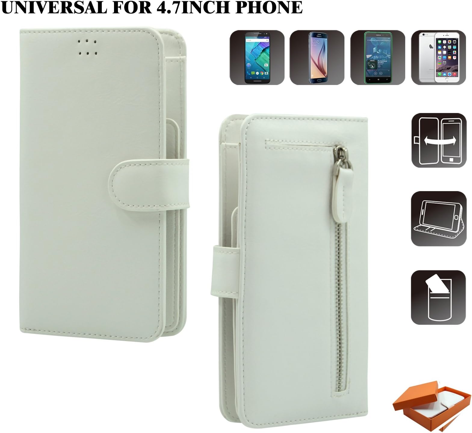 Asia Innomax OZBO White - Universal Wallet Case - For iPhone 6/6s - Samsung Galaxy S6 Edge Case - Galaxy S5 S4 - Nexus 6p 5x Case - Faux Leather - Universal Wallet Cases - For 4.7Inch Phone