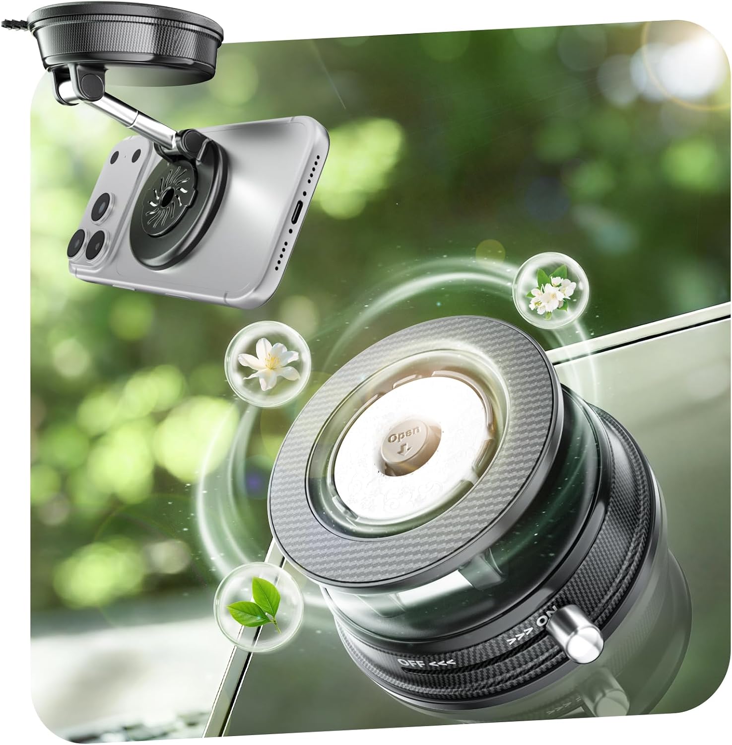 CloudValley 2-in-1 Car Aroma Magnetic Phone Holder, Ultra-Suction Cup Mount Design for MagSafe iPhone 17/16/15/14/13/12 [Fragrance Diffuser & Foldable Stand], 360° Adjustable for Car Dashboard