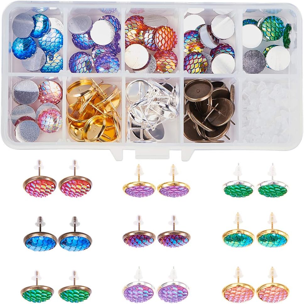 SUNNYCLUE 1 Box DIY 24 Pairs Mermaid Scales Skin Earrings Making Kit 6 Color 48pcs Round Mermaid Scales Skin Resin Cabochons 12mm and 3 Color 48pcs Brass Stud Bezel Settings Instruction