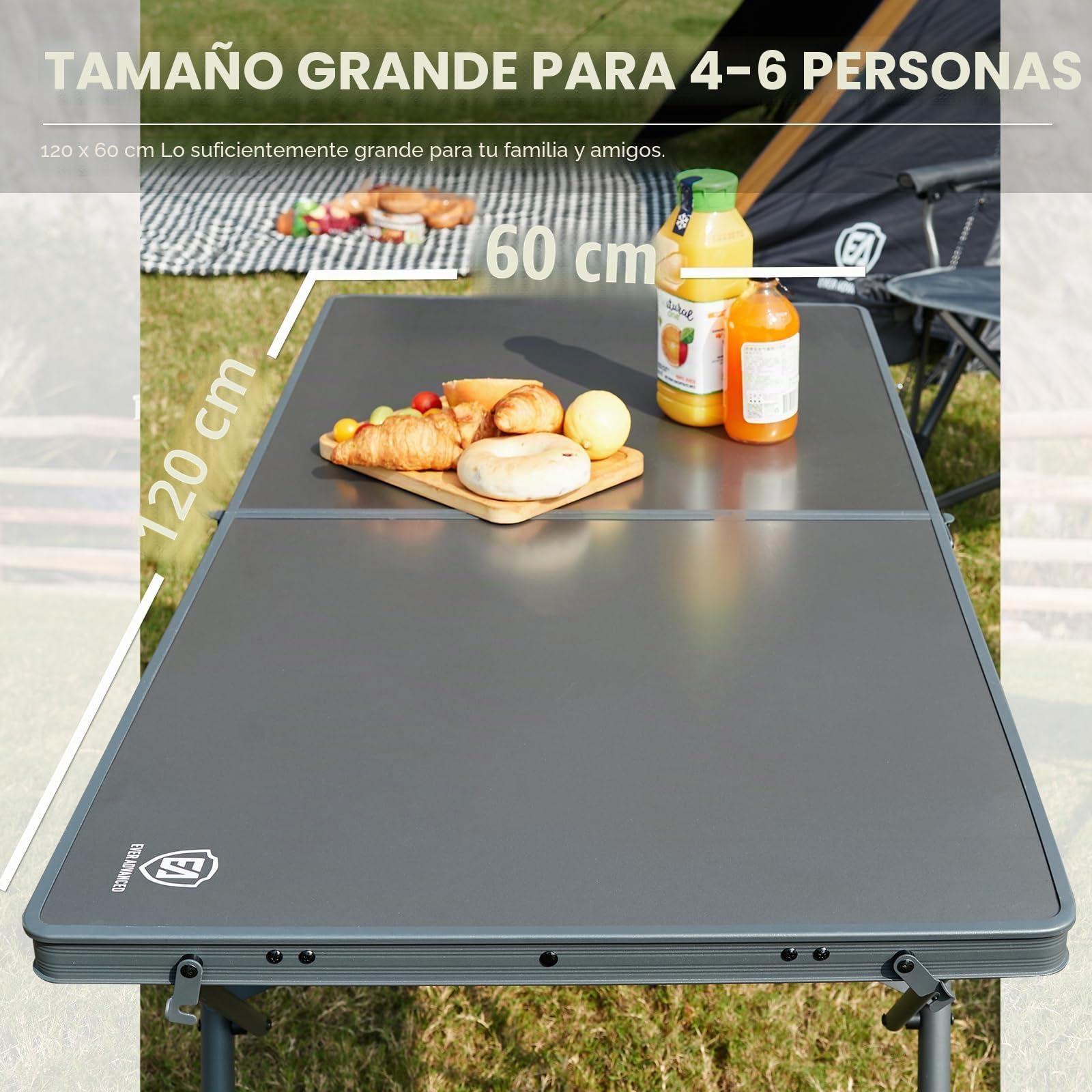 EVER ADVANCED Mesa Plegable Camping 120x60cm XL para 4-6 Personas hasta 60kg con Bolsa de Transporte Estructura Estable para Camping Picnic jardín balcón