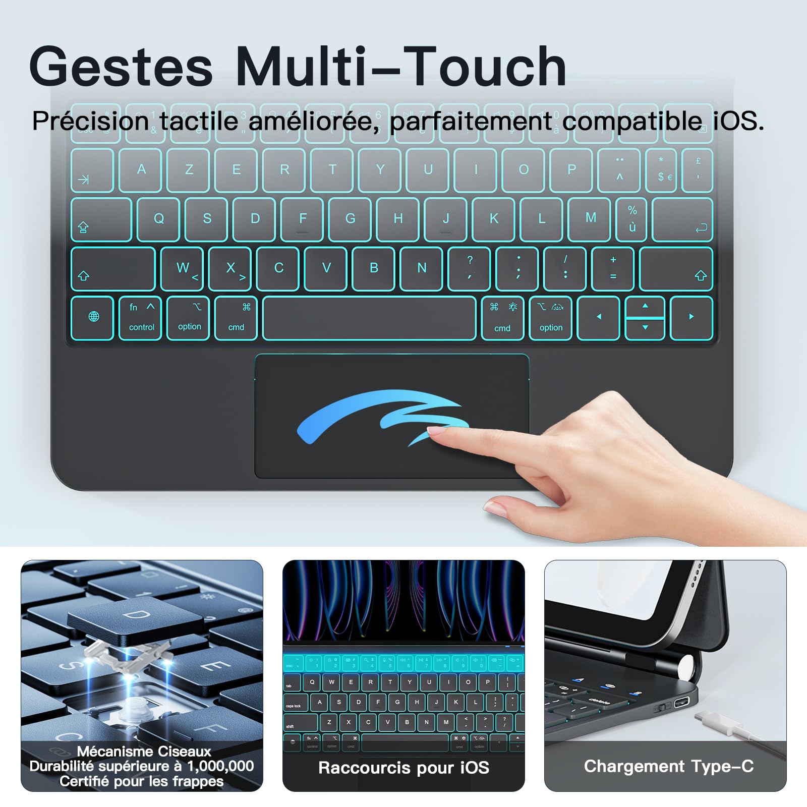 RAYMCRAFT Clavier pour iPad Air 11 Pouces (M4/M3/M2) & iPad Pro 11 Pouces (1re/2e/3e/4e Gén), Magic Keyboard pour iPad Air 5e/4e, Rétroéclairage 11 Couleurs, Smart Trackpad, Boucle pour Stylet, Noir