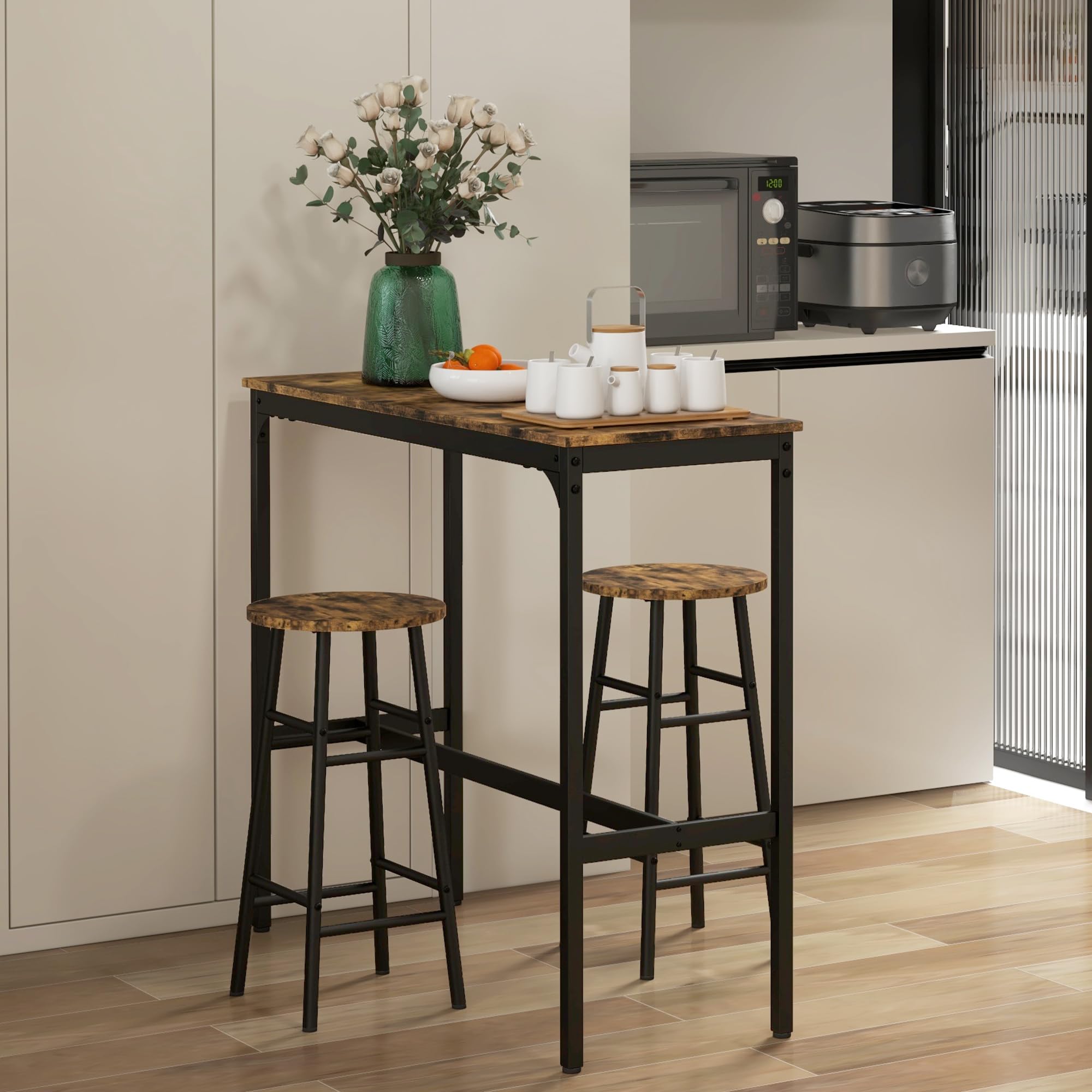 HOMCOM Bartisch Set Bartisch mit Barhocker Set für 2 Personen Esstisch mit 2 Barhocker mit Fußstützen, Küchentisch im Industrie-Design für Esszimmer, Küche, Rustikal-Braun