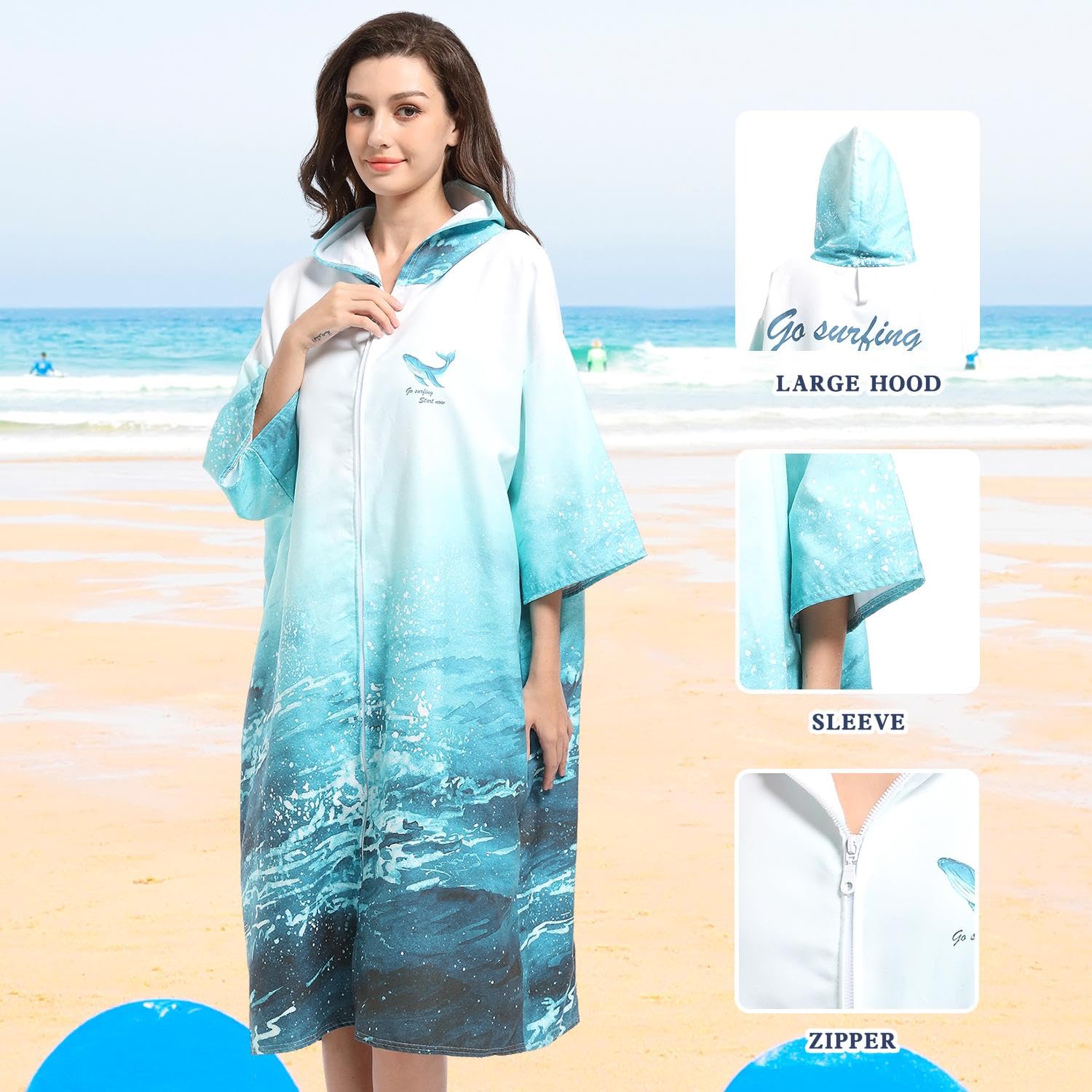 Poncho Spogliatoio Accappatoio, Cerniera Ad Asciugatura Rapida Poncho Surf Microfibra, Poncho da Bagno in Microfibra per Uomo Donna Adulti,Blue-110 * 80CM