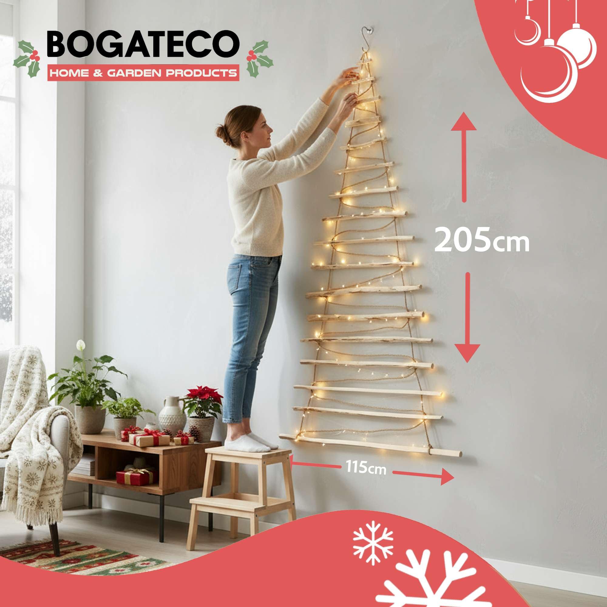 BOGATECO Handgemacht Weihnachtsbaum 205 cm hoch, aus Haselnussholz | Deko Anhänger | mit 10 m LED-Leuchten | Holzplatten verbunden mit einem Juteseil mit Einer Dicke von 6 mm