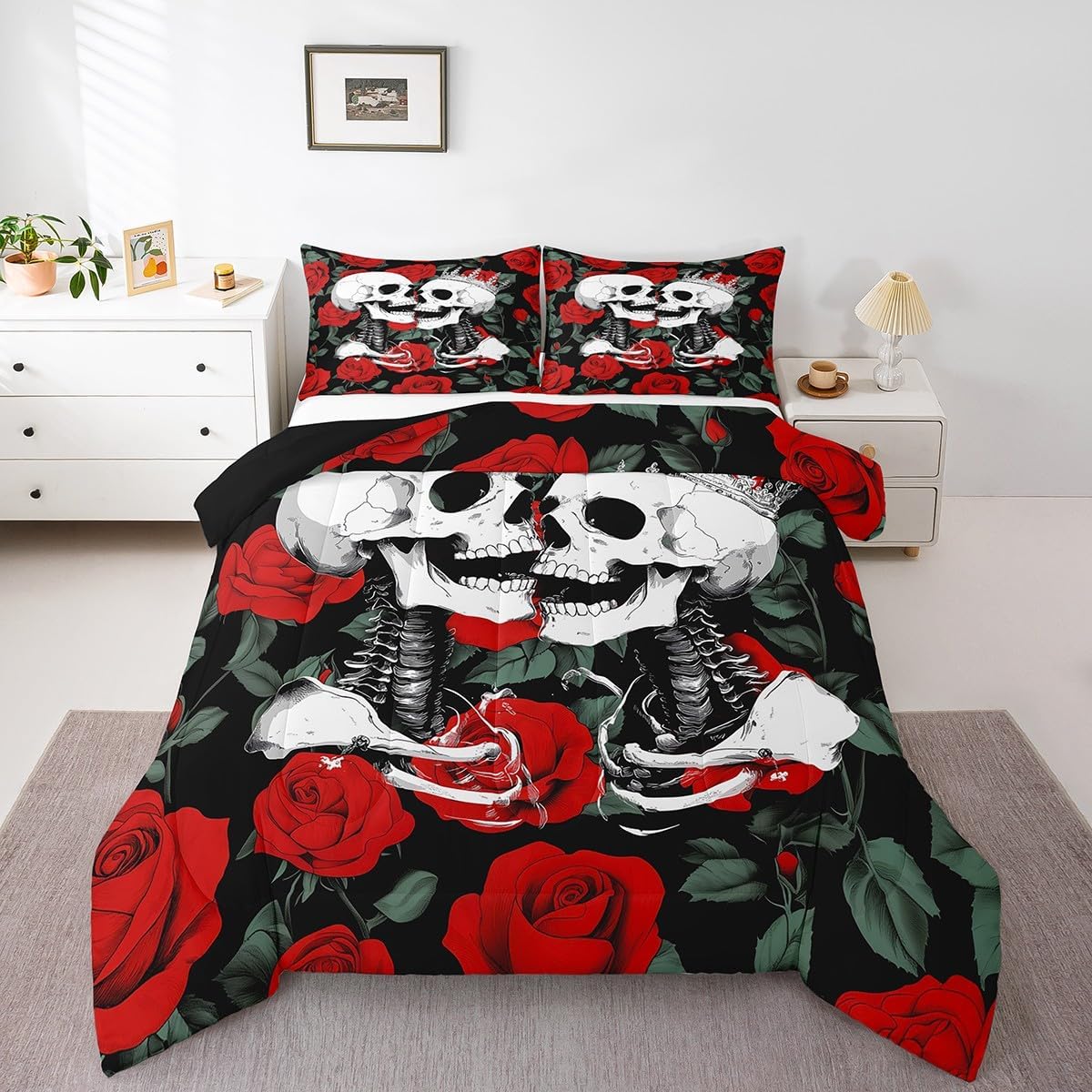 Castle Fairy King and Queen Skull Bedding Set Toddler Size Skeleton Kissing Couple Comforter Set for Women Adults Room Decor Romantic Gothic Duvet Insert Red Rose Flower Down Comforter Set,2Pcs