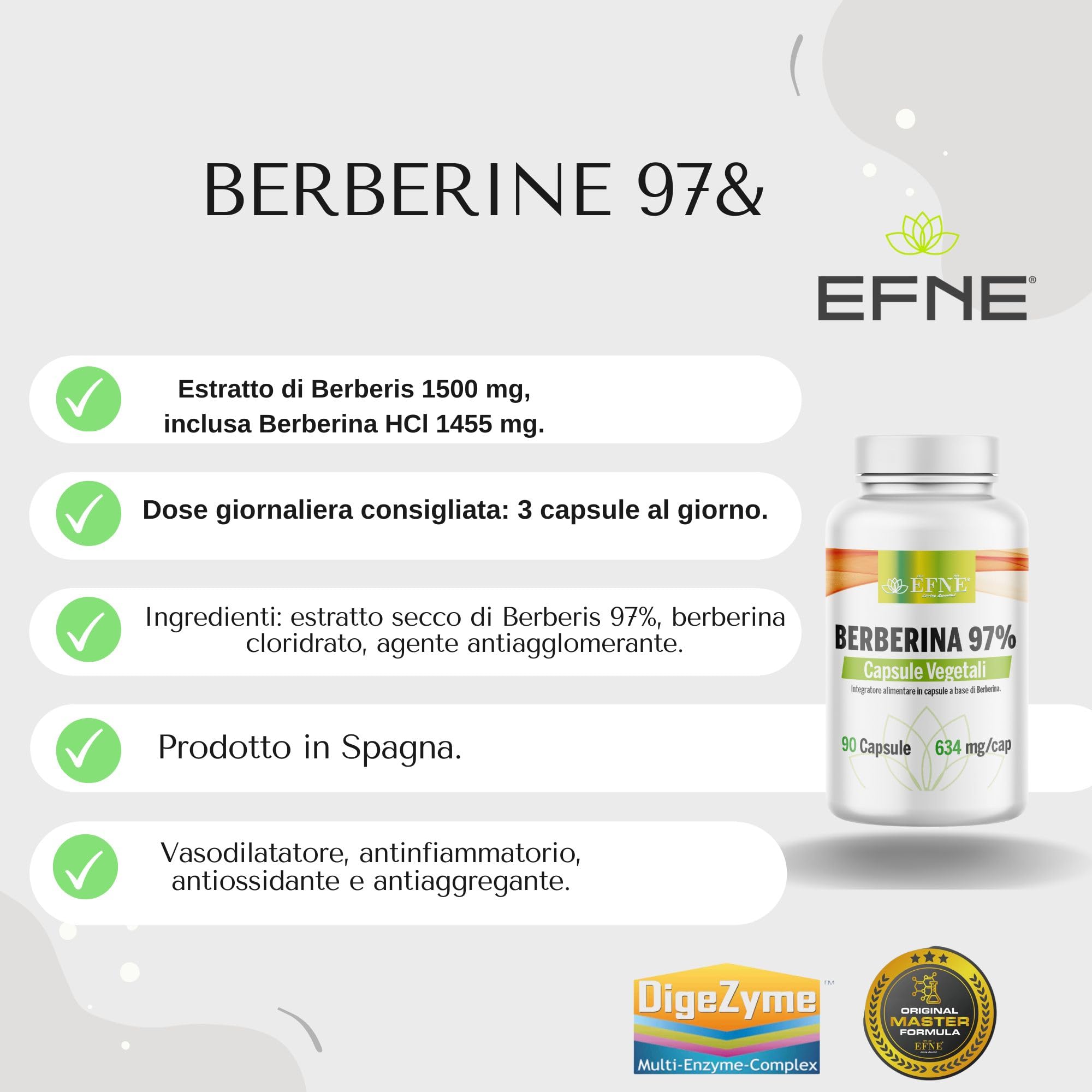 EFNE | Berbérine 97% de Concentration | Dosage Élevé 634 MG/Capsule | Extrait de Berberis - 1500 mg | 90 Gélules Végétaliennes avec Berbérine HCl |