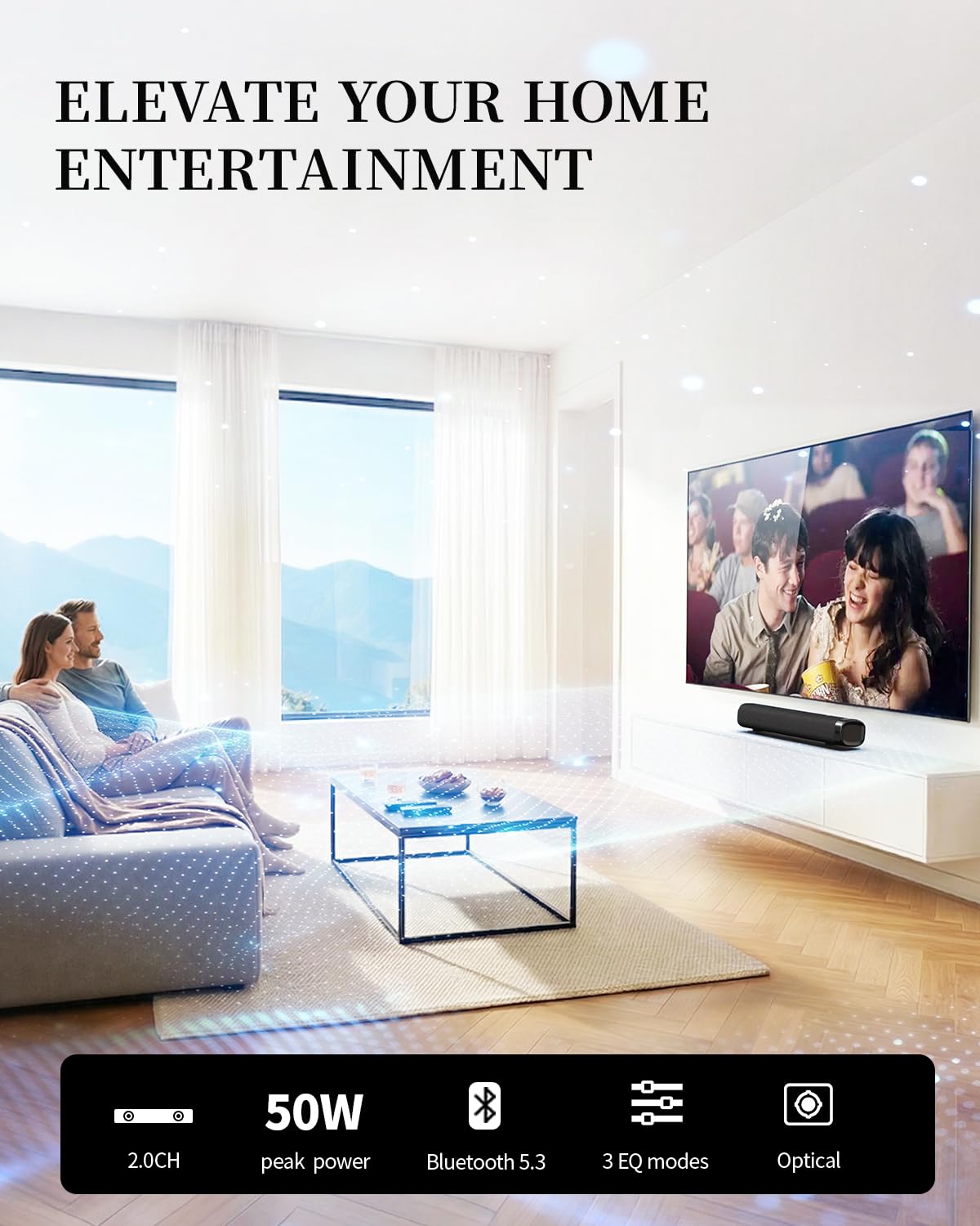 Barre de son pour Smart TV, barre de son, barre de son Bluetooth, avec optique/AUX/HD ARC, haut-parleurs Surround, système de son surround pour TV/PC/jeux/projecteurs, barre de son PC à