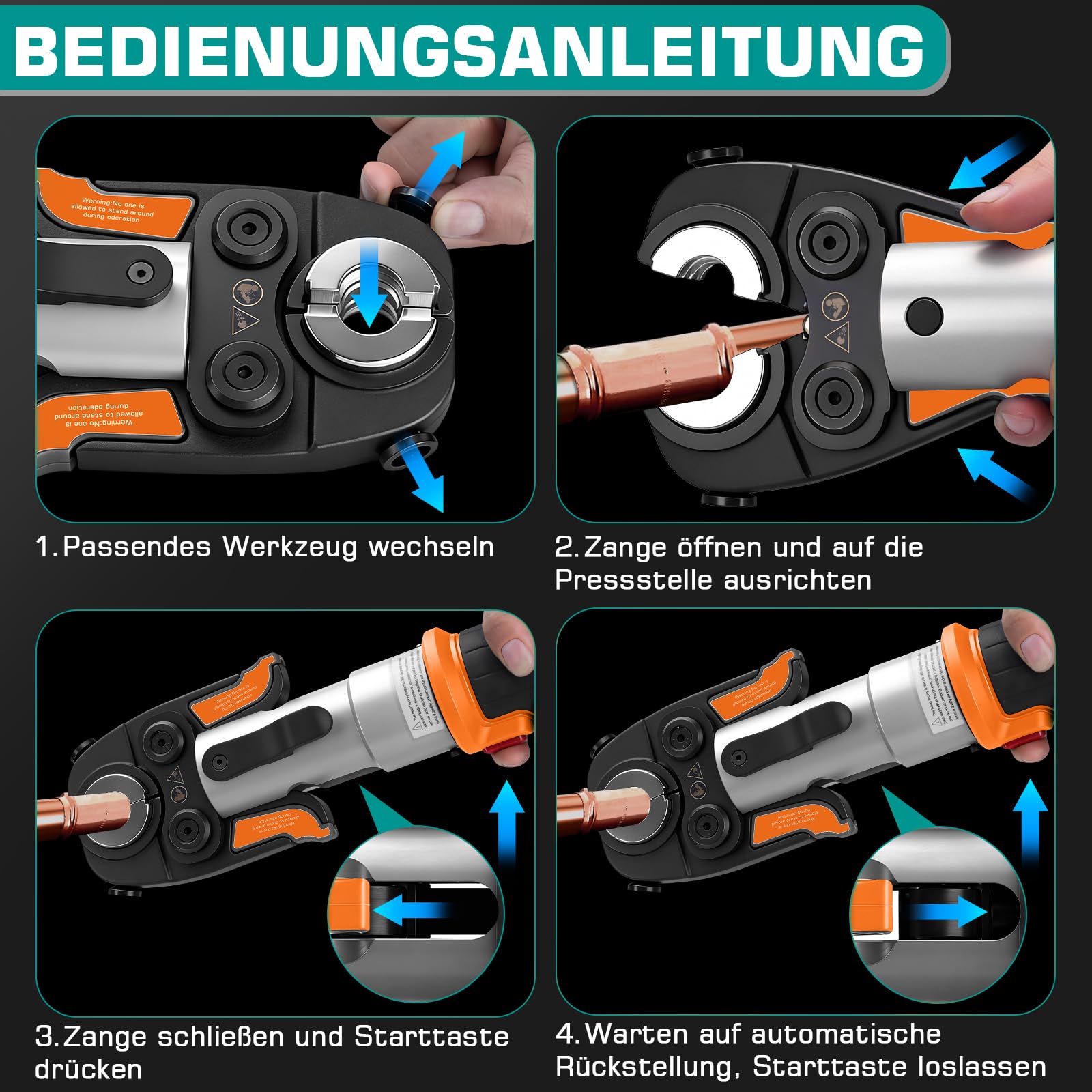 18V Offene Zange Akku Presszangen Set mit 2*Akkus und Schnellladegerät | Akku Rohrpresswerkzeug incl.CR V12 V15 V18 V22 V28 Und TH16 TH20 TH26 TH32 für Kupferrohr,Edelstahlrohr,Verbundrohr Orange