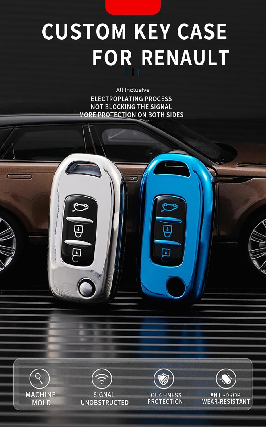 HIBEYO Key Fob Cover for Renault Kadjar Koleos Fliping 3 Button Smart Remote Auto Key Shell with Leather Keychains for Renault Accessories Soft TPU Key Case-Blue