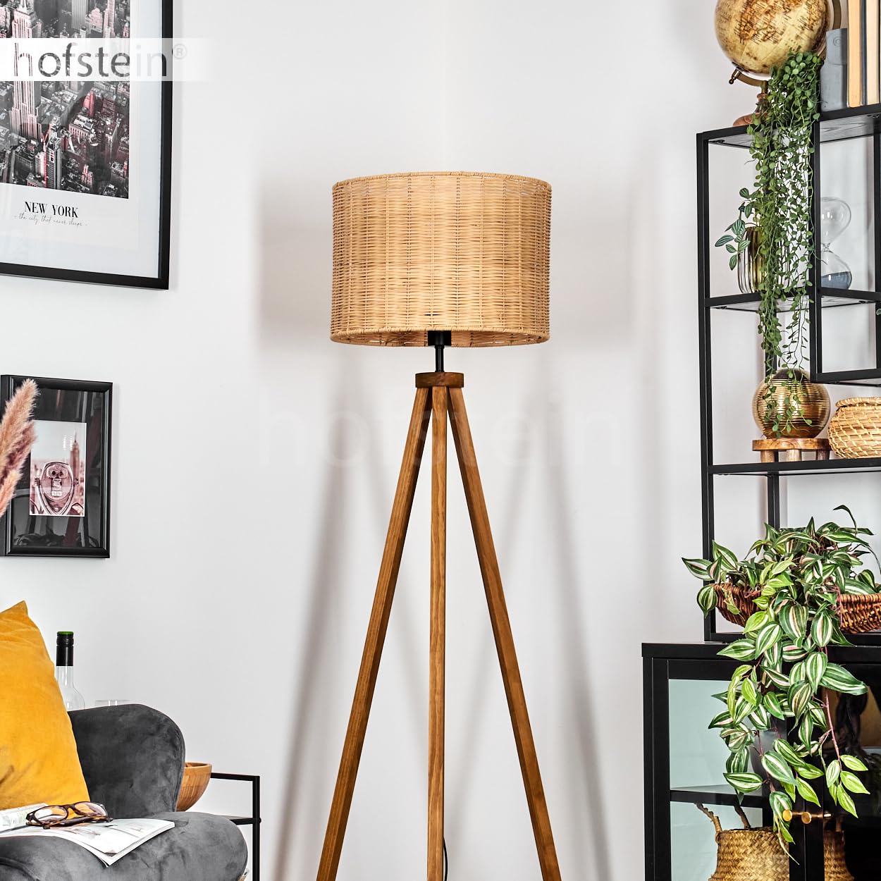 Stehleuchte Cavaca, Stehlampe aus Holz/Korbgeflecht/Rattan in Naturfarben, Leuchte im skandinavischen Design mit rundem Schirm (Ø 40 cm) u. Fußschalter, Höhe 154 cm, 1 x E27, ohne Leuchtmittel