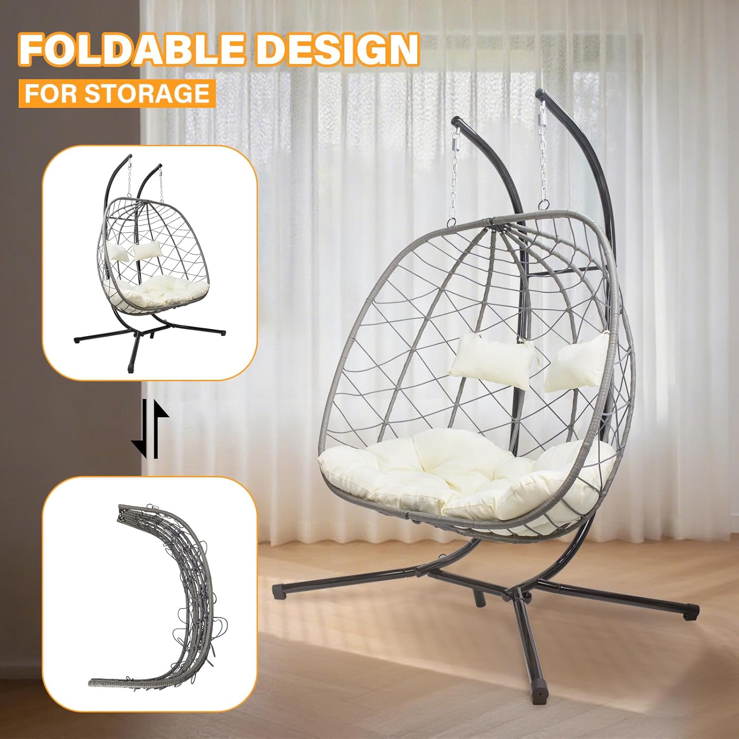 Egg Swing Chair with Stand, Outdoor Patio 2 Person Hanging Wicker Hammock Chairs with Cushion for Indoor Bedroom, Lawn, Garden