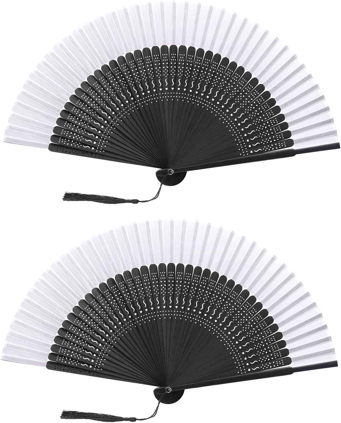 FoDau770 Classical Folding Fans, 2 Pieces Bamboo Handheld Fans, Black & White Silk Hand Fan for Cosplay, Dancing, Decoration, Party