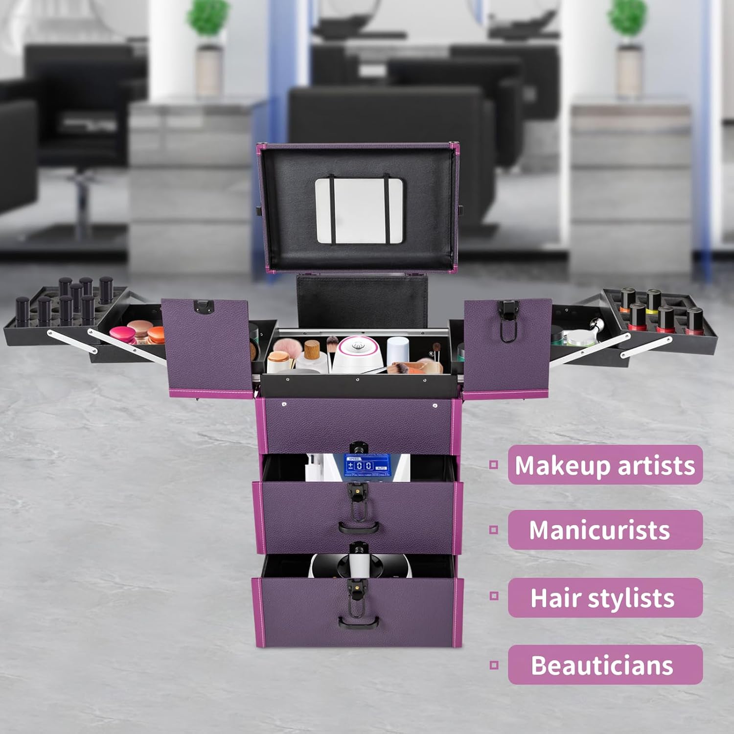 Lockable Rolling Makeup Train Case Multi-functional Cosmetic Organizer Trolley on Wheels, Large Make up Cosmetic Orgainzer for Nail Technicians, Nail Technician Salon Cart, Cosmetology Case (Purple)