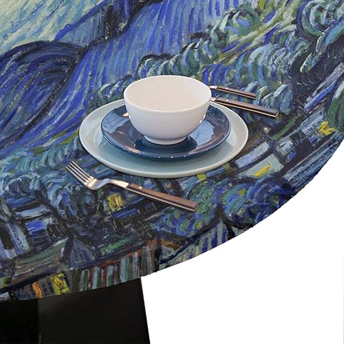 Miniatura 6 de Pardick Mantel redondo ajustable de noche estrellada, mantel redondo Van Gogh Art con bordes elásticos, mantel impermeable lavable para mesas de