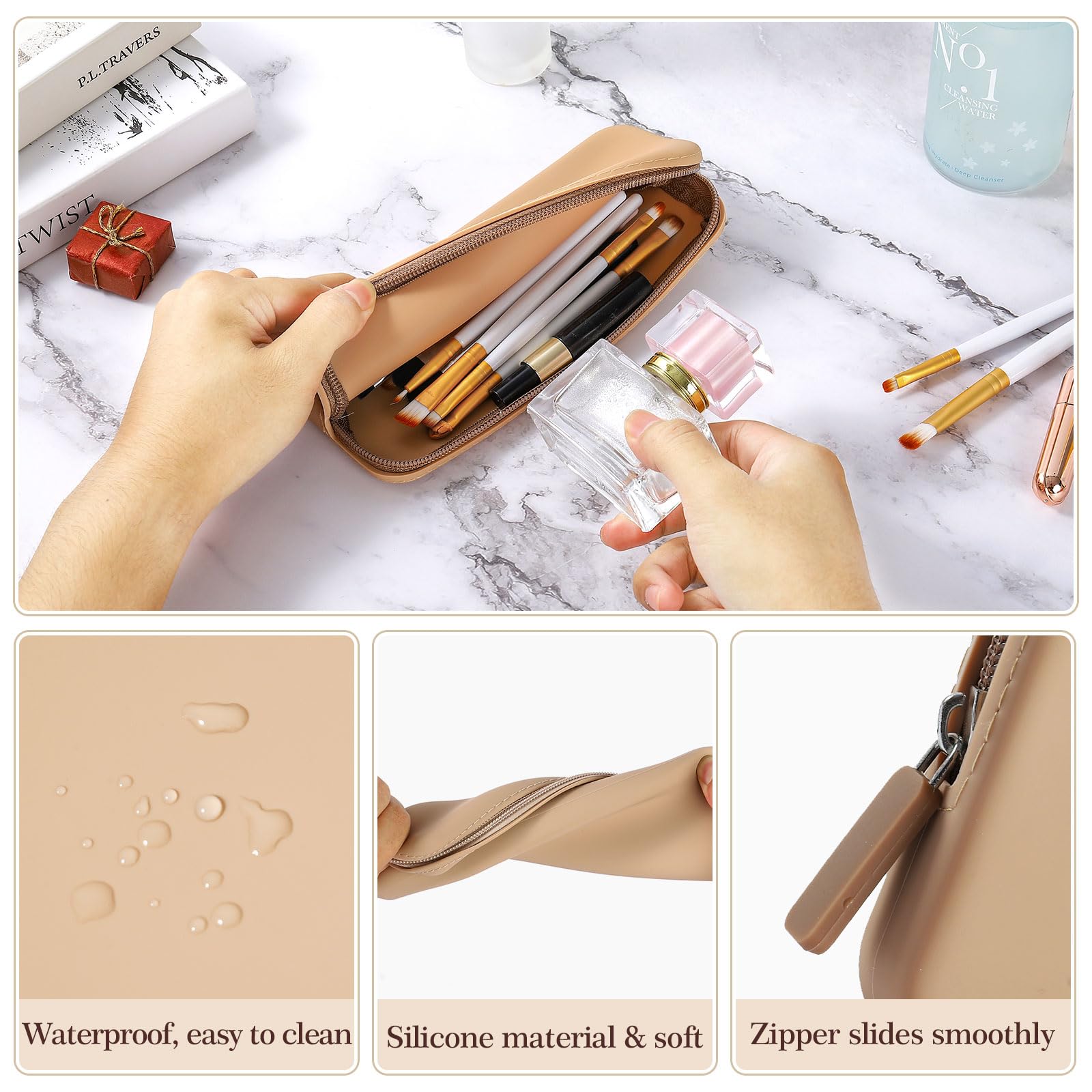 Makeup Bags Silicone Cosmetic Bag 2Pcs Brush Holder Pouch Portable Travel Toiletry Make up Bags Waterproof Storage for Women Men Khaki - Image 3