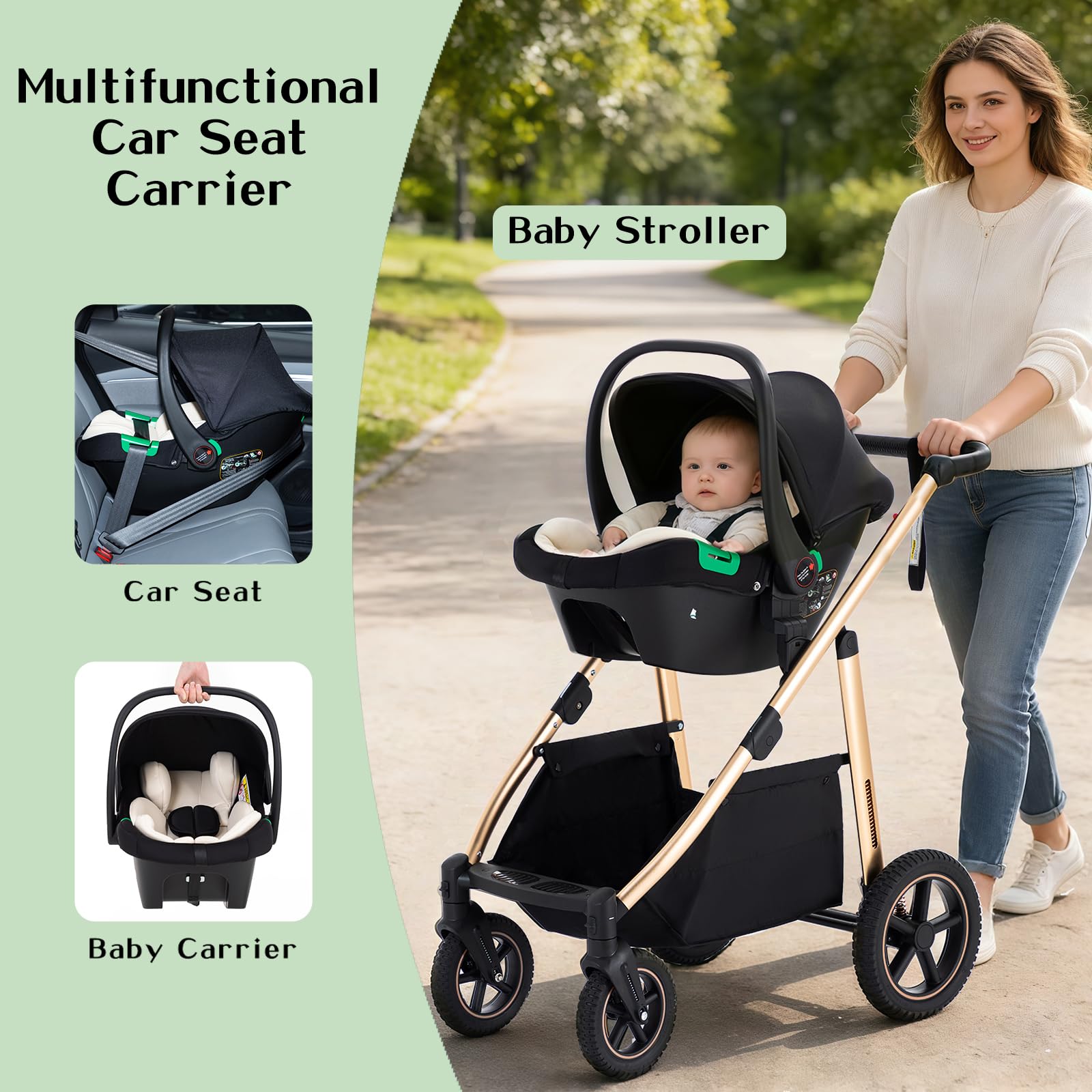 3-in-1 Buggy Kinderwagen Klappbar mit Babyschale, Höhenverstellbarem Griff, Aluminium-Rahmen, Moskitonetz, für 0-4 Jahre