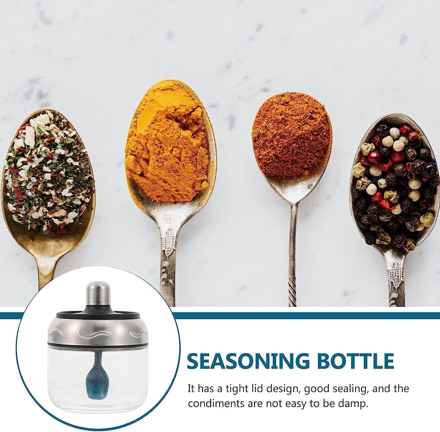 Stainless Steel Container Glass Jar Seasoning Bottle Container Condiment Bottle Spoon Condiment Pots with Spoon cover Kitchen Utensils Clear Jar