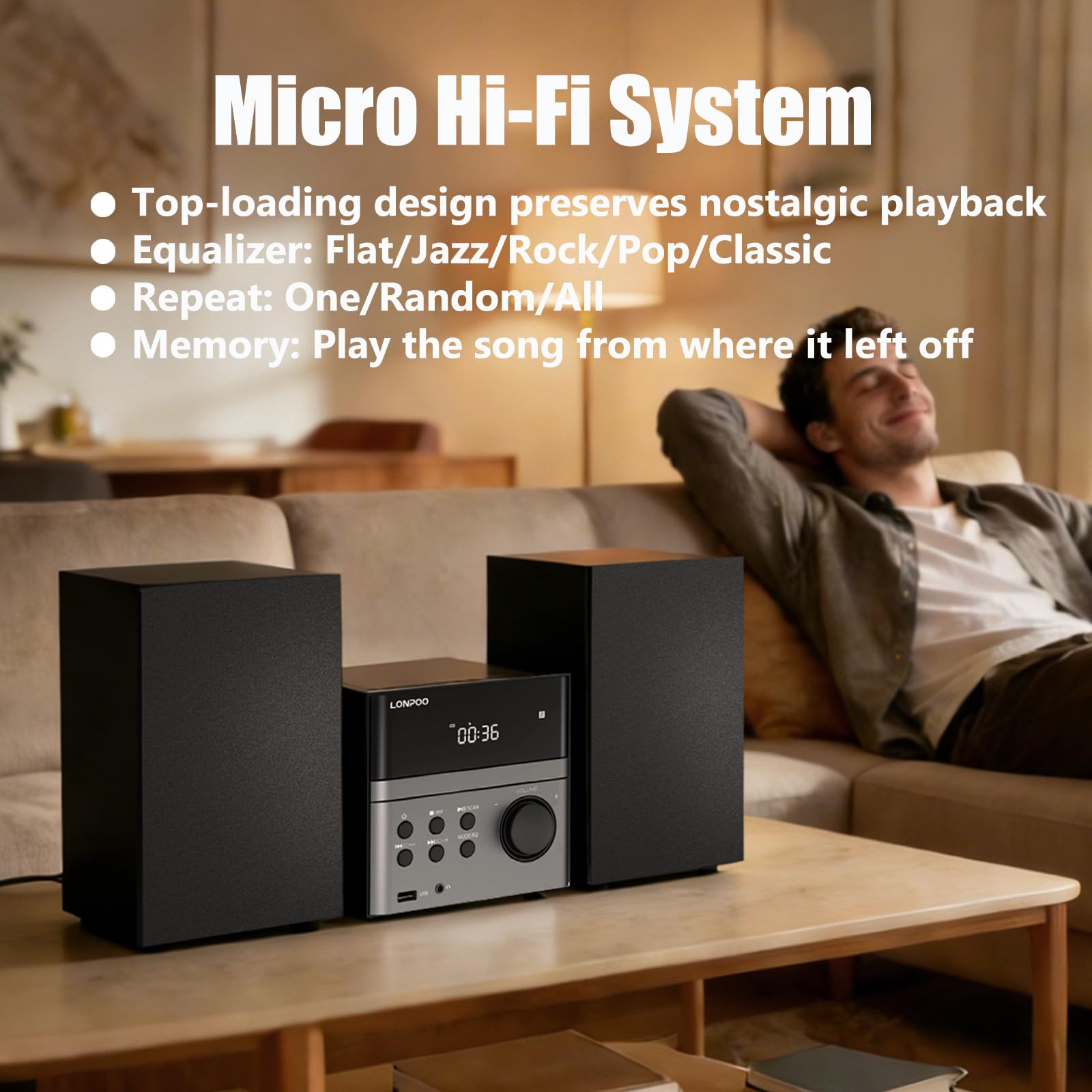 Sistema estéreo para casa Micro HiFi Compacto con Reproductor de CD, Bluetooth, Radio FM, USB, AUX-in, Pantalla LED y botón Grande, Mando a Distancia (lp-128)