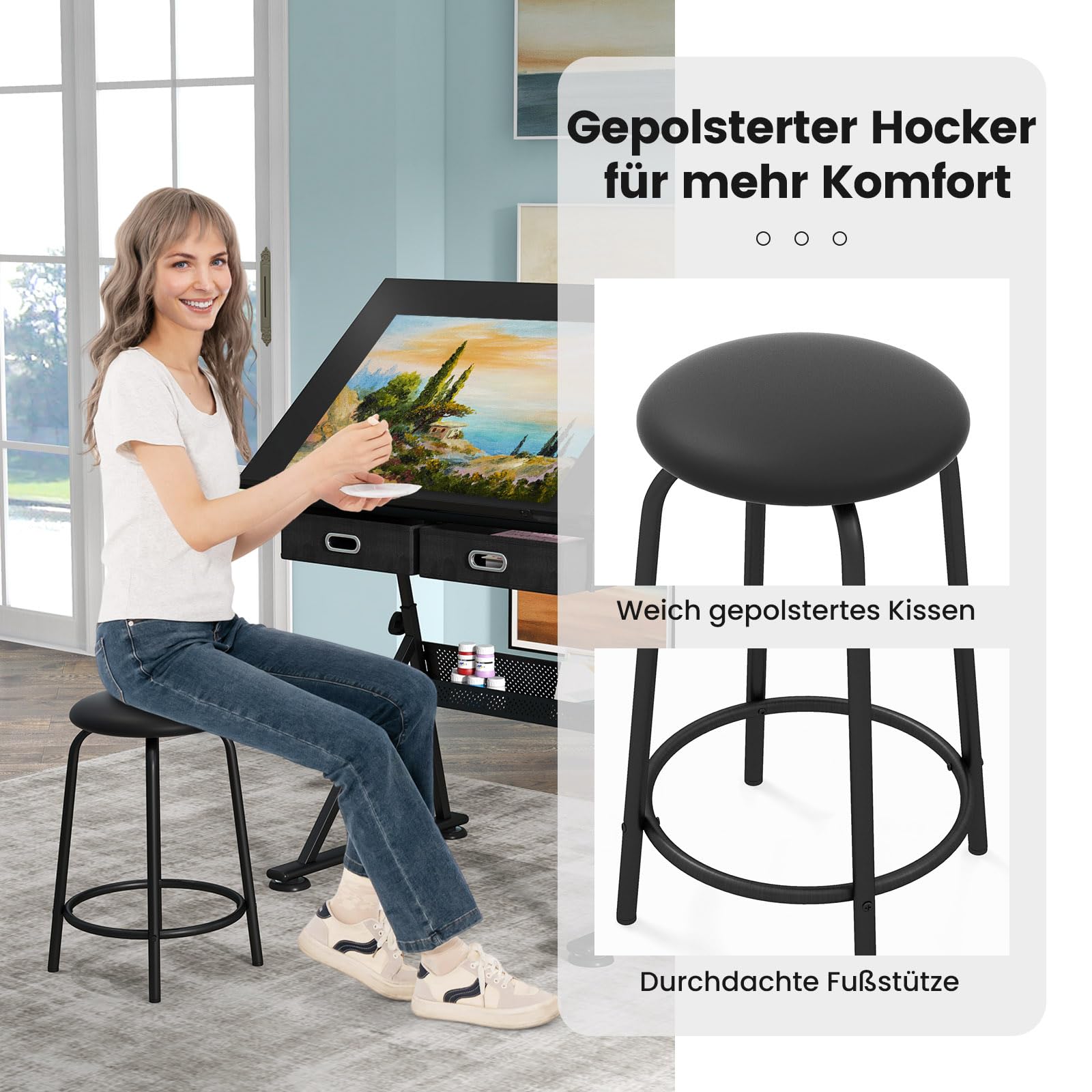 COSTWAY Zeichentisch mit Hocker, Architektentisch höhenverstellbar, Schreibtisch mit neigbarer Tischplatte, Schülerschreibtisch mit 2 Schubladen, Arbeitstisch für Architekt & Künstler (Schwarz)