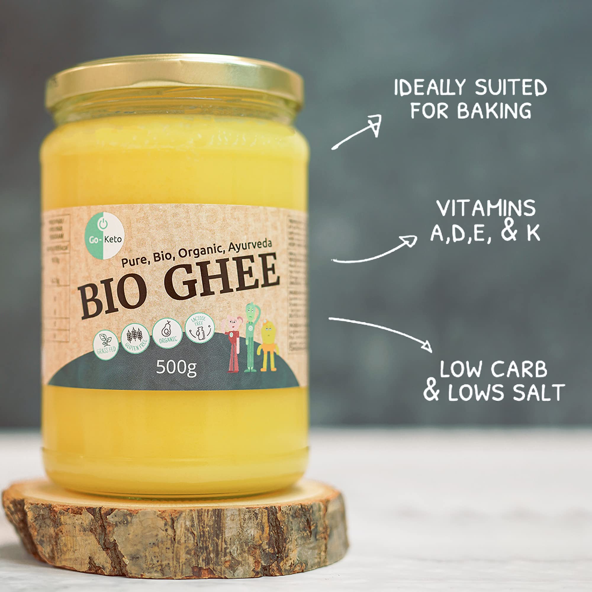 Go-Keto BIO Ghee, 500g | Mantequilla 100% clarificada, certificada BIO, Ayurveda | perfecto para la dieta cetogénica | ideal para hornear y asar | Sin lactosa, sin gluten, bajo en carbohidratos
