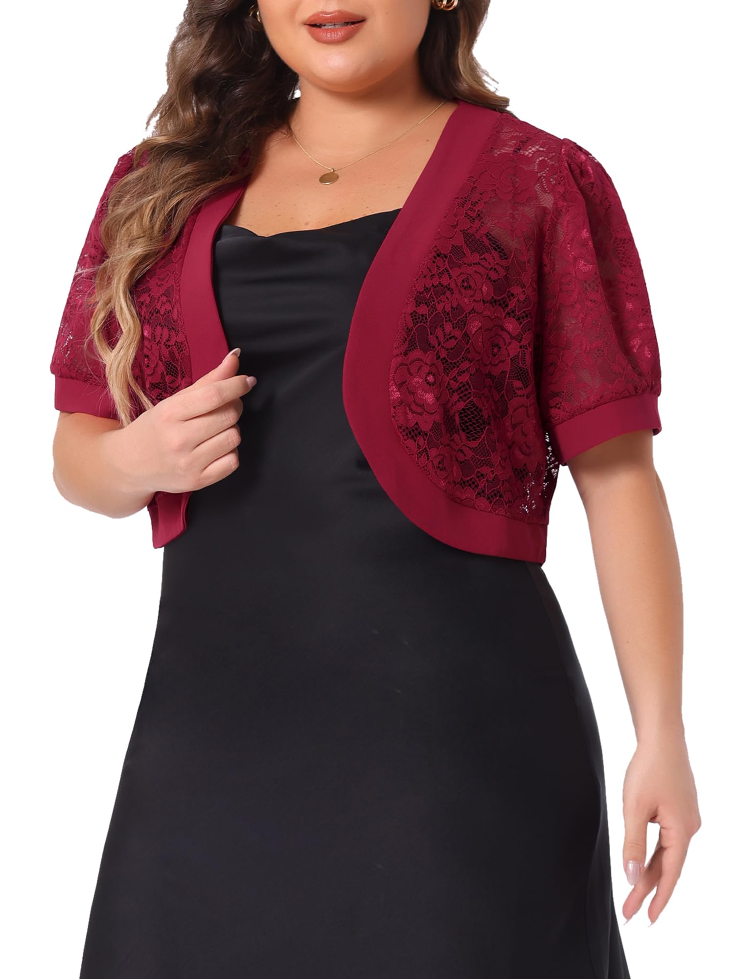 Agnes Orinda Women Plus Size Open Front Short Sleeve Lace Cropped Cardigan | Floral Sheer Bolero Shrugs For Dresses Solid Color Kimonos