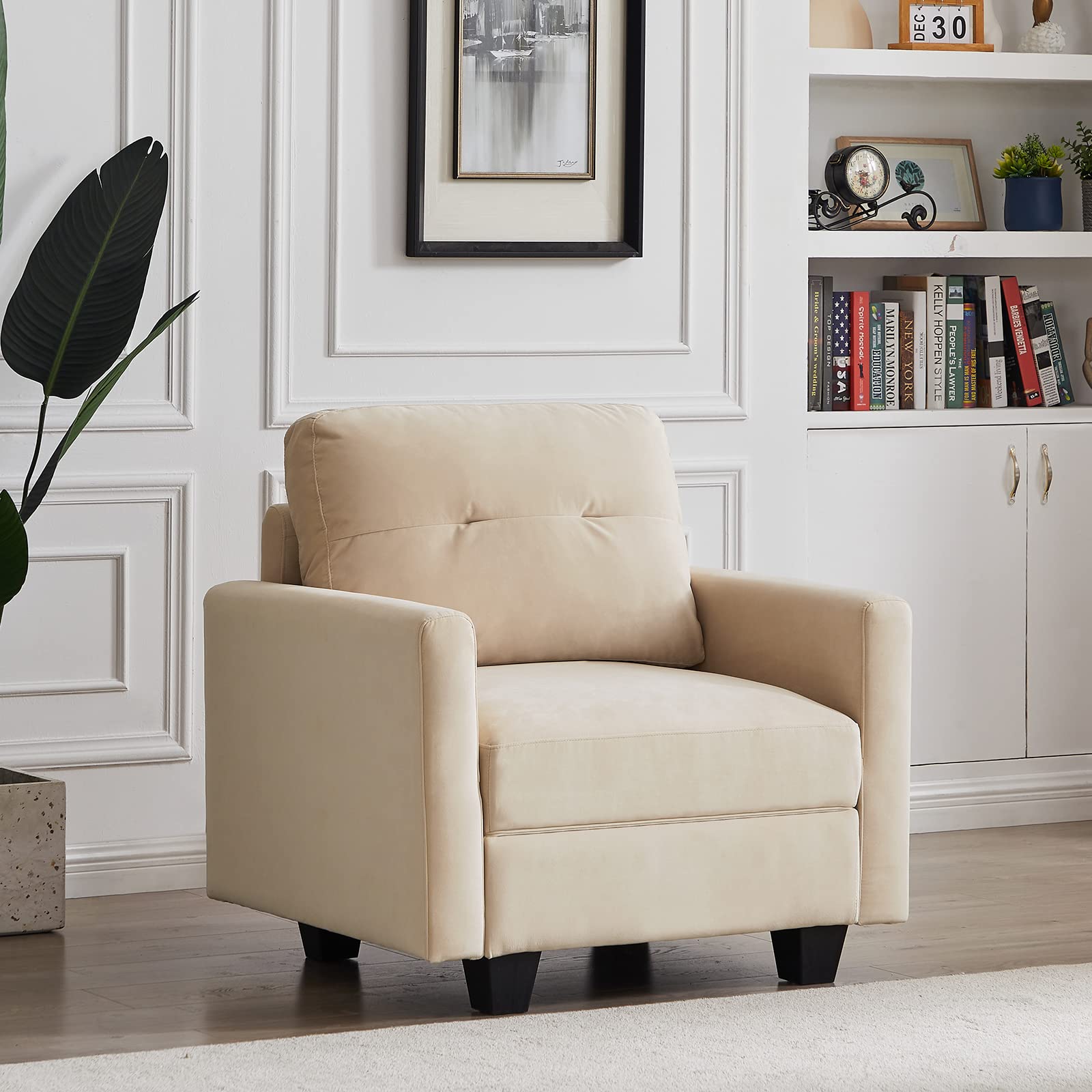 Hommoo Mid Century Modern Accent Chair Velvet Arm Chair Single Sofa Chair for Living Room with Storage Space Side Chair Beige