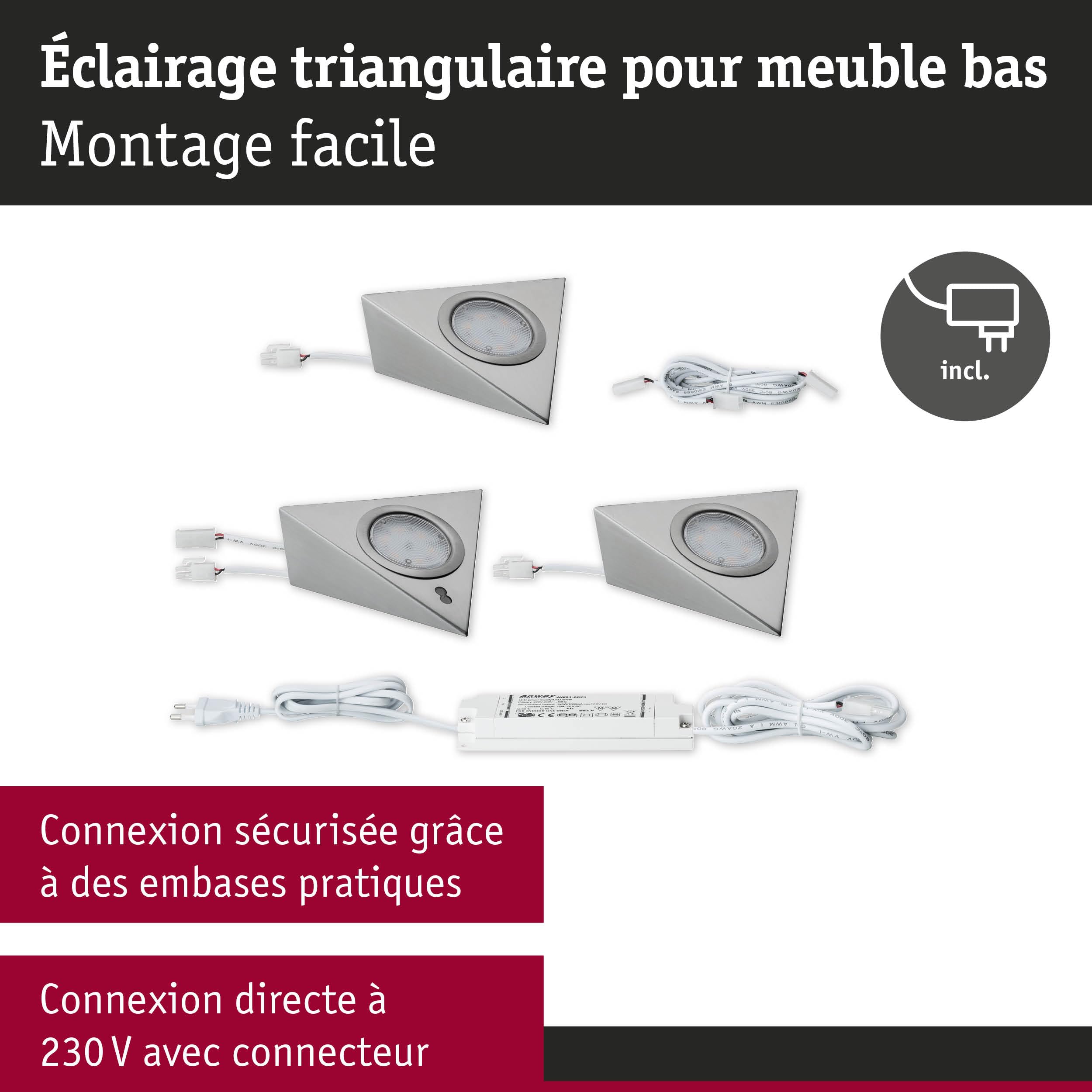 Paulmann 93572 Kit éclairage meuble LED capteur 3x2,8W acier 2700K