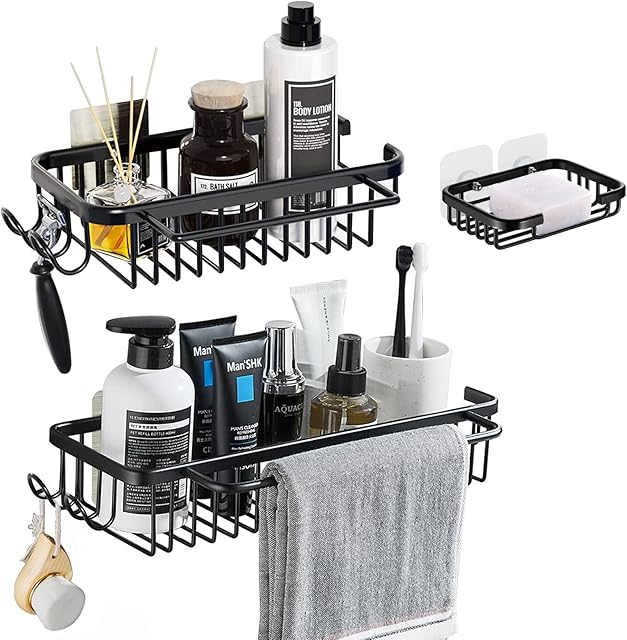 Bathroom Storage Shelf,3 Pack ANEWSIR Rustproof Aluminum Shower Accessory Soap Dish with 4 Hooks and 1 Towel Bar,Wall Mount Basket No Drilling with Adhesive Sticker,for Kitchen Bathroom
