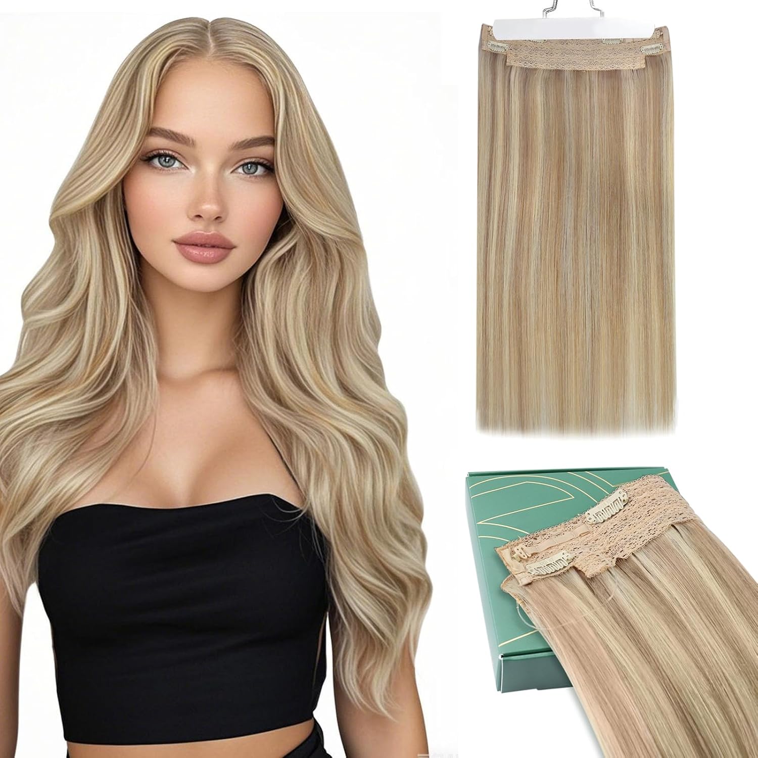 Ugeat Wire Hair Extensions Dark Ash Blonde Mix Golden Blonde Invisible Wire Human Hair Extensions with Transparent Line for Short 12 Inch 70g
