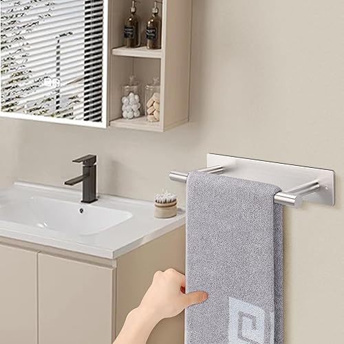 Miniatura 8 de NearMoon Toallero de mano autoadhesivo, toallero de mano de acero inoxidable a prueba de óxido para baño, adhesivo y montaje en pared, 9 pulgadas