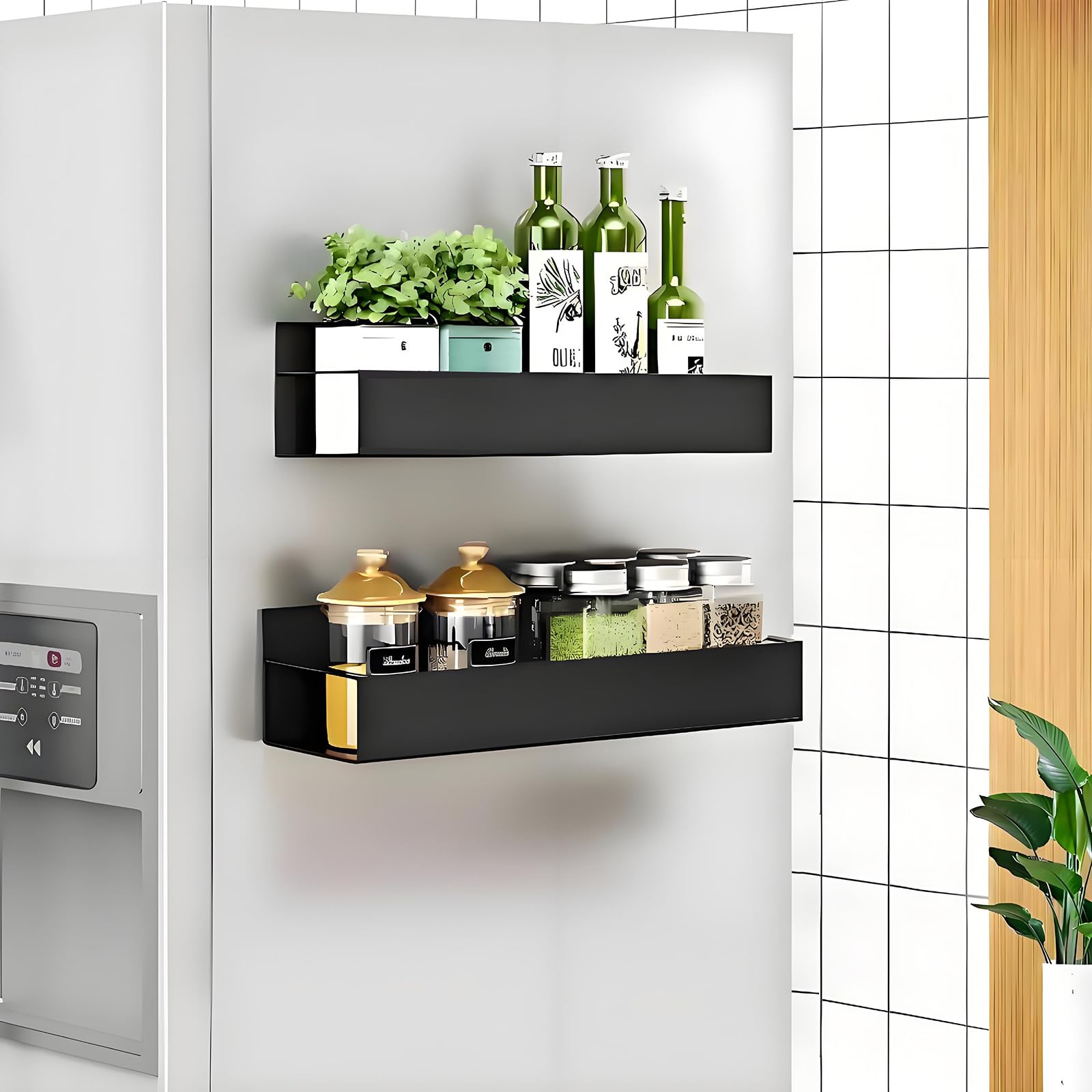 Kühlschrank Regal Magnetisch, 2 Stück Magnet Regal Kühlschrank mit 4 Haken, Metall Magnetisches Gewürzregal Magnetic Spice Rack für Küche Aufbewahrung und Organisation, Schwarz