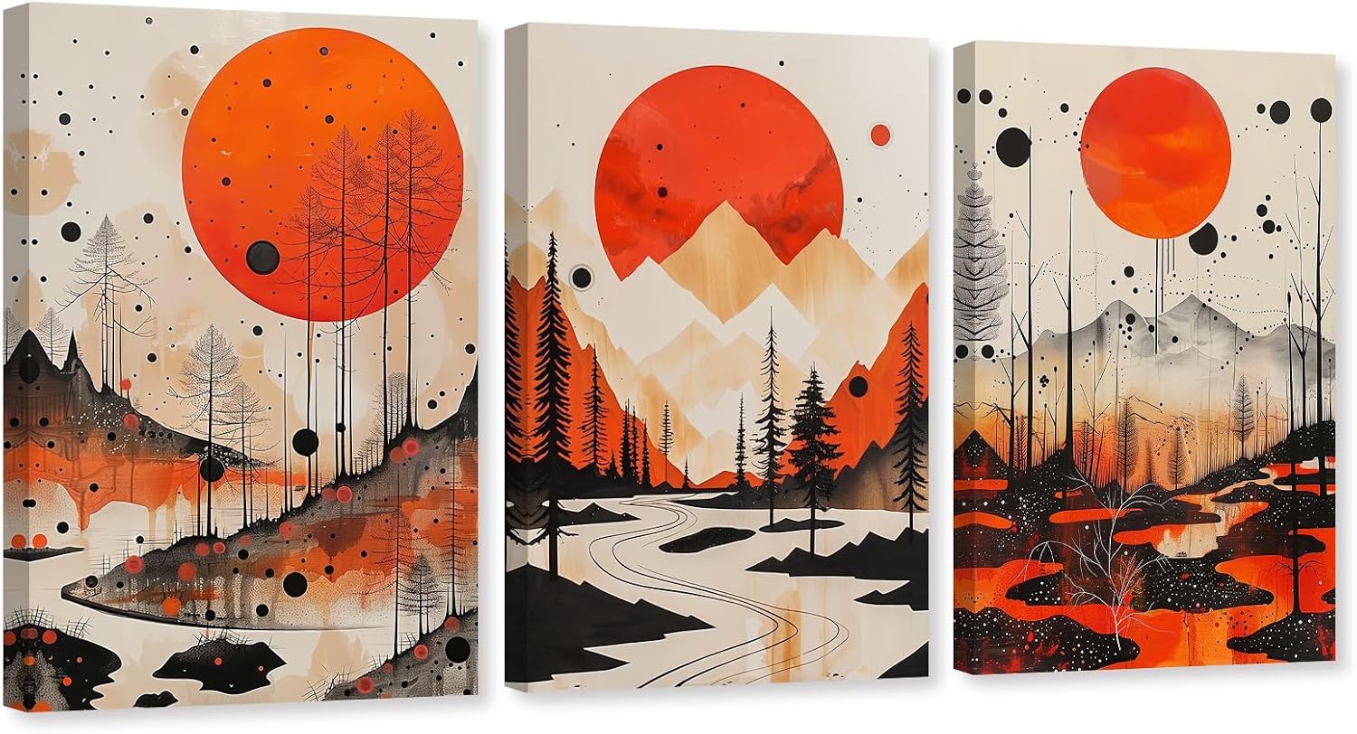 ARTZGX Boho Canvas Wall Art 3 Piece Minimalist Bohemia Picture Sunrise Mountain Tree Artwork Painting for Bedroom Decor Frame(Boho - 2, 16x24inchx3P (40x60cmx3P))