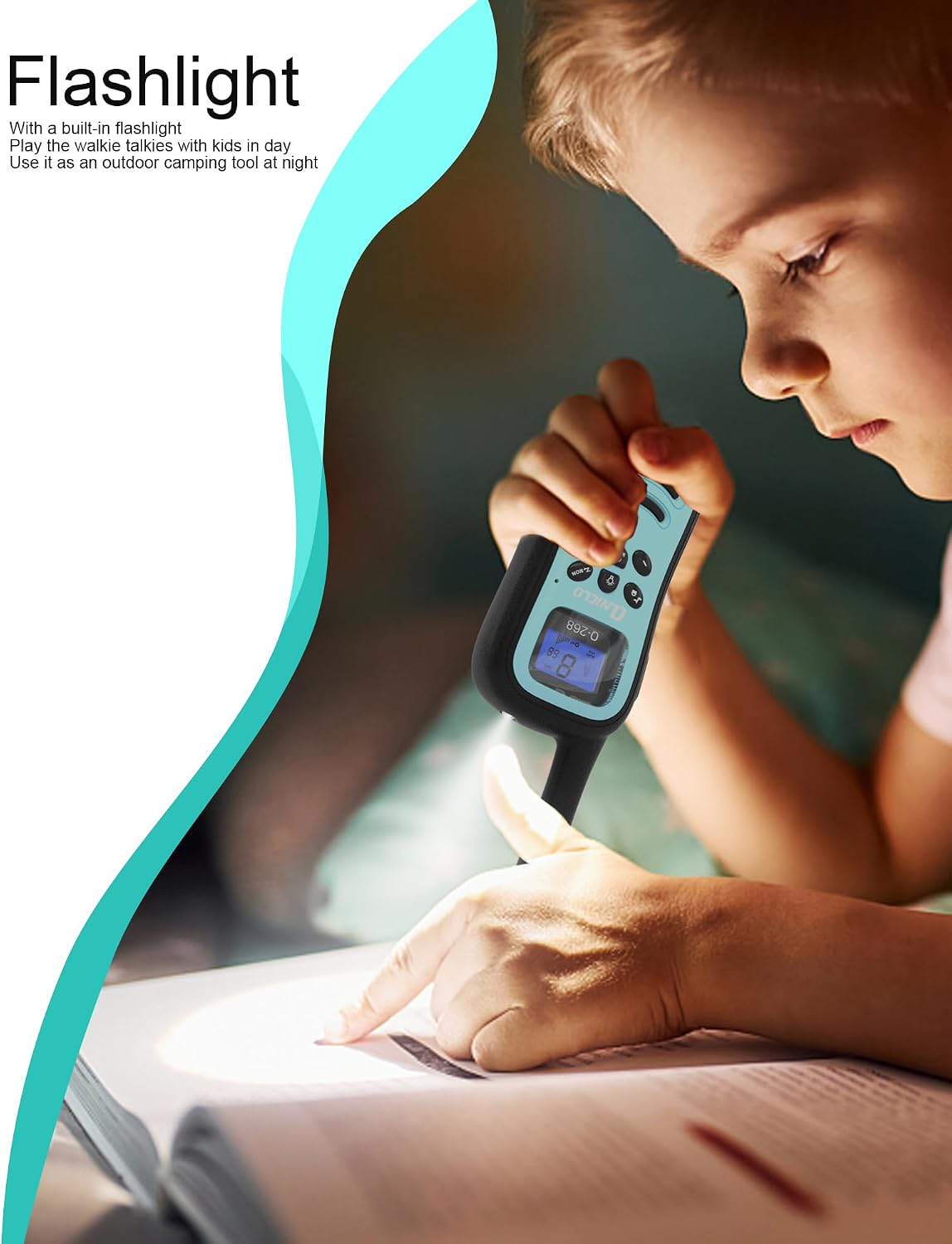 Child using the built-in flashlight of the QNIGLO walkie talkie to read a book in the dark.