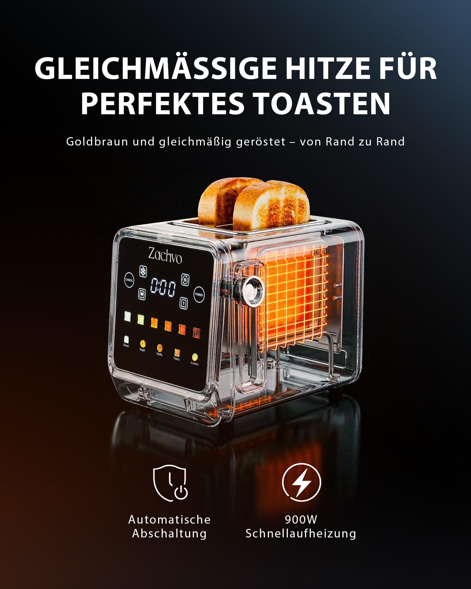 Toaster 2 Scheiben Edelstahl mit Smart Touchscreen & LED-Countdown, Intelligente Memory-Funktion, 3,5cm extra breite Schlitze, Einseitiges Rösten, inkl. Sandwich-Zange & Brötchenaufsatz, 850W