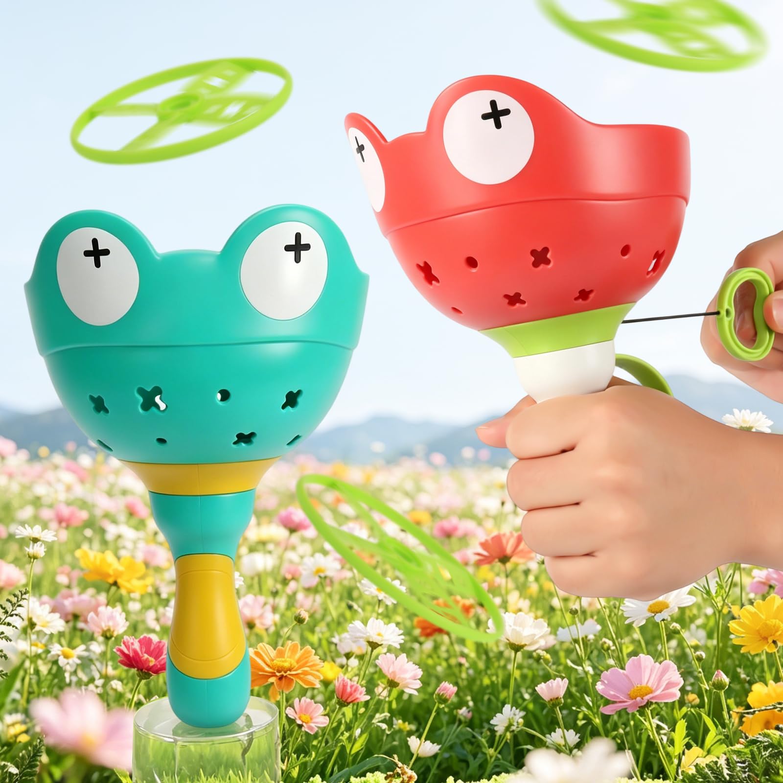 Fliegende Untertasse Launcher, Outdoor Spiele für Kinder ab 4-8 Jahre, 2 Stück + 12 Scheiben, Gartenspielzeug Kinder, Propeller Spielzeug für Kinder, Wurfscheibe Kinder Geschenk