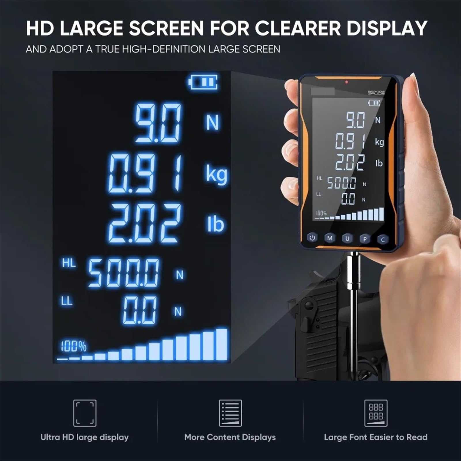 Medidor de Fuerza Digital 500N con Pantalla Extragrande y Fuente en Negrita para Pruebas de vaivén, medición de tracción del gatillo con precisión del 0,5%