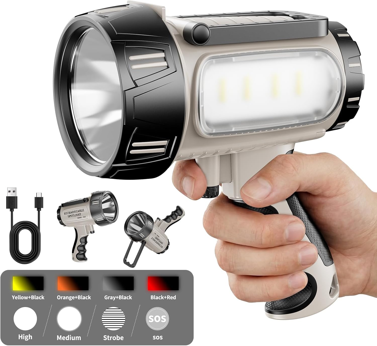 Rechargeable Floodlight Super Bright 10000 High Lumens LED Handheld Flood Long Life Large Flashlight Search Light with Foldable Tripod and Flood Camping Flashlight (Black)