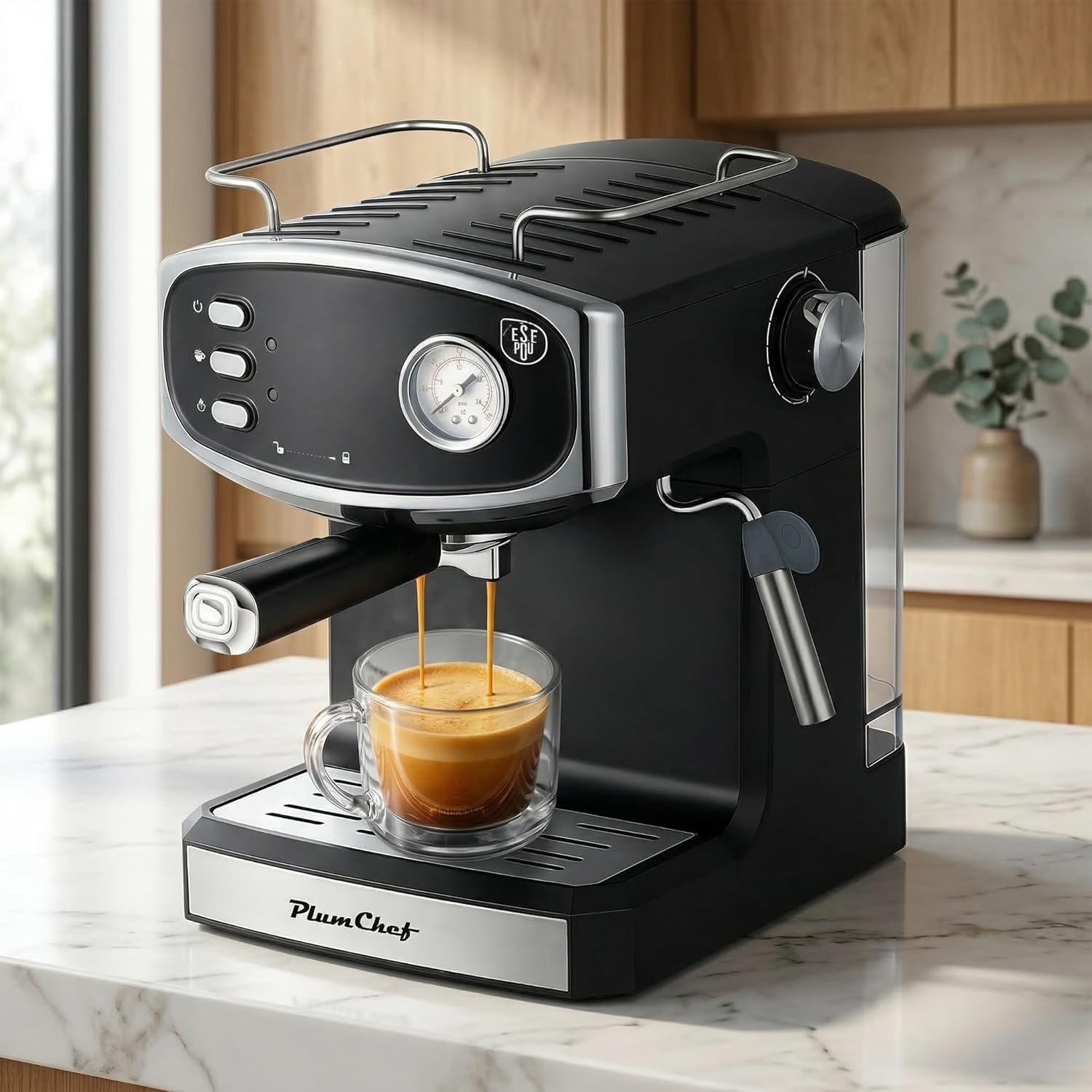 PlumChef 20 Bar Espresso Machine, Retro Coffee Maker with Pressure Gauge, Steam Wand for Latte & Cappuccino, Built-in Cup Warmer, 54oz Detachable Water Tank, ESE Pod & Ground Coffee Compatible