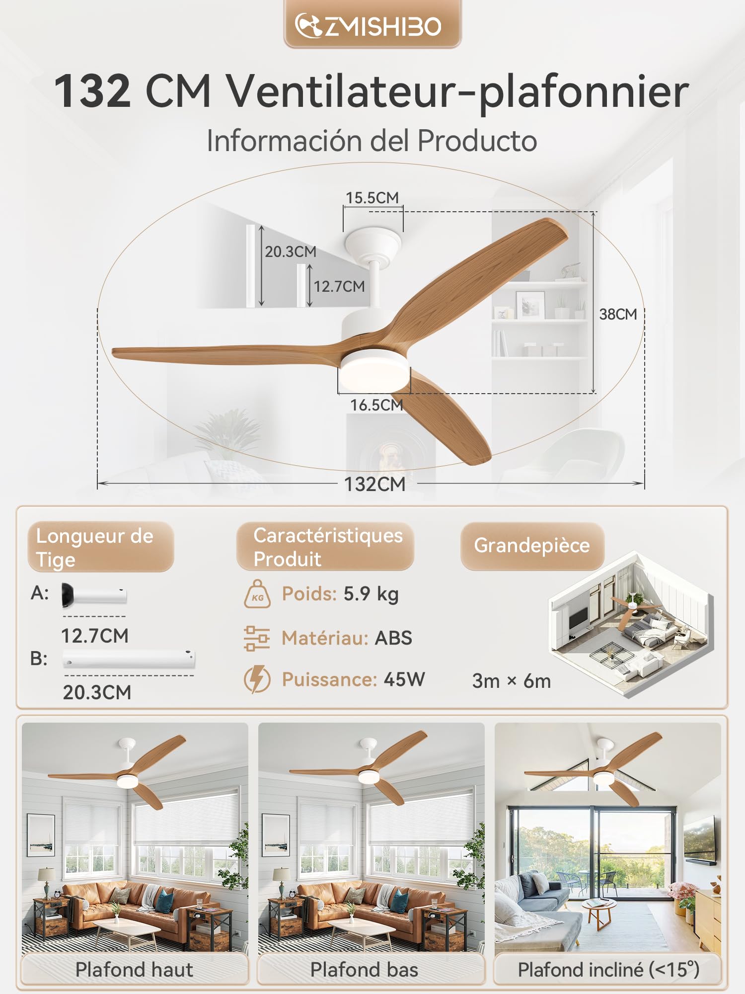 ZMISHIBO Ventilateur de Plafond avec Lumière 132 cm, Moteur DC Silencieux, 3 Températures de Couleur, 6 Vitesses, Mode Été/Hiver, Télécommande