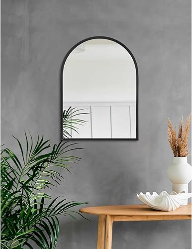 Miniatura 5 de Espejo de pared arqueado negro con marco de aleación de aluminio, espejo de baño de metal cepillado, espejo montado en la pared para sala de estar,