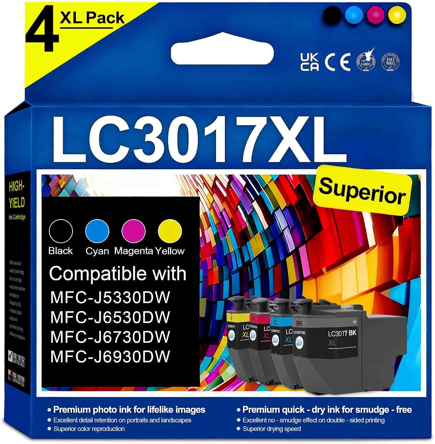 LC3017XL High Yield Ink Cartridges (4Pack,Black/Cyan/Magenta/Yellow) Replacement for Brother LC3017XL MFC-J5330DW MFC-J6530DW MFC-J6530DW Printer