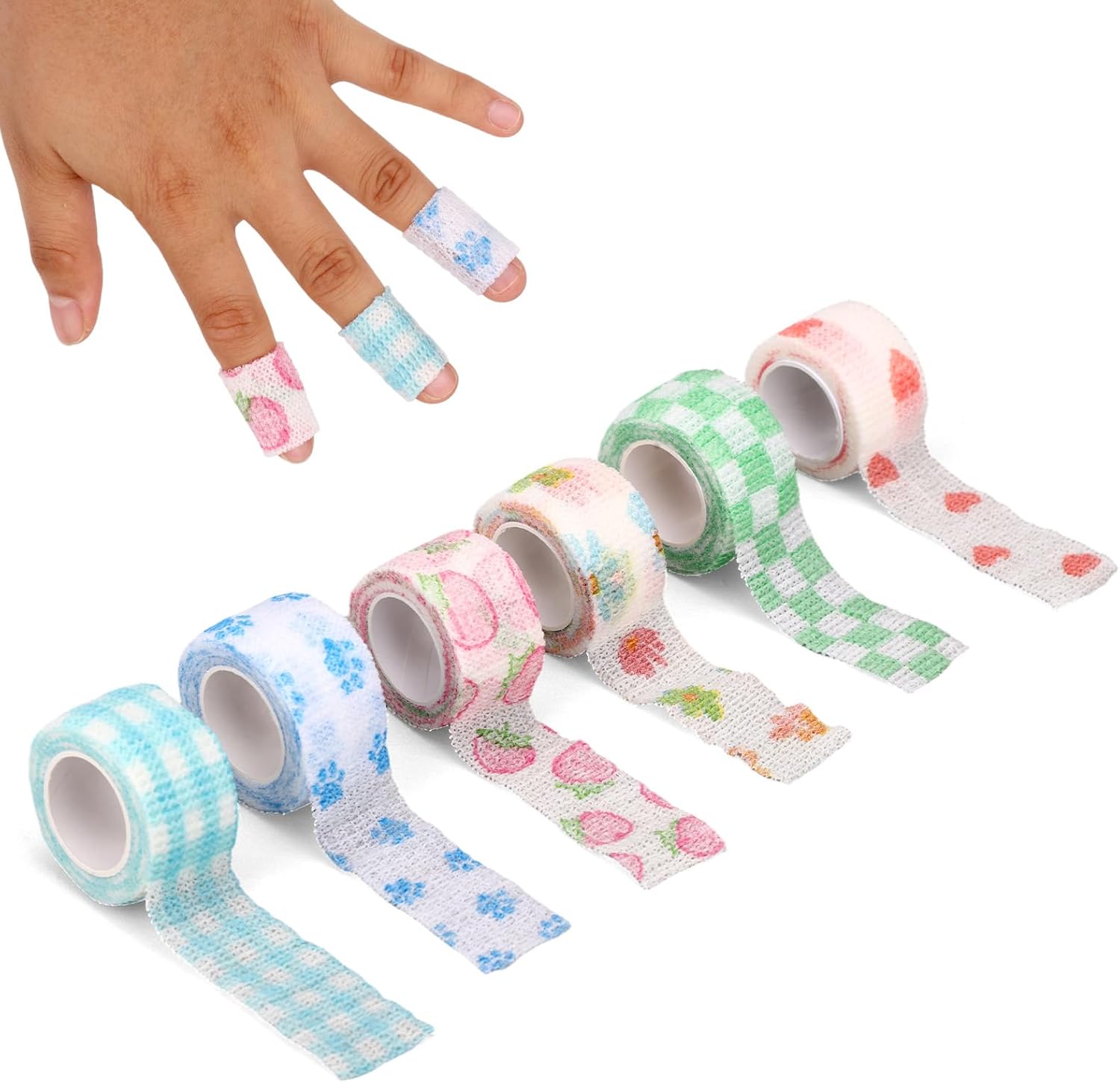 6 Rolls Skin Finger Covers, Breathable Non-Woven Fabric Self Adhesive Wrap Elastic Soft Anti Picking Finger Bandages Tape Protector for Nail Biting & Cuticle Protection (6 Styles)