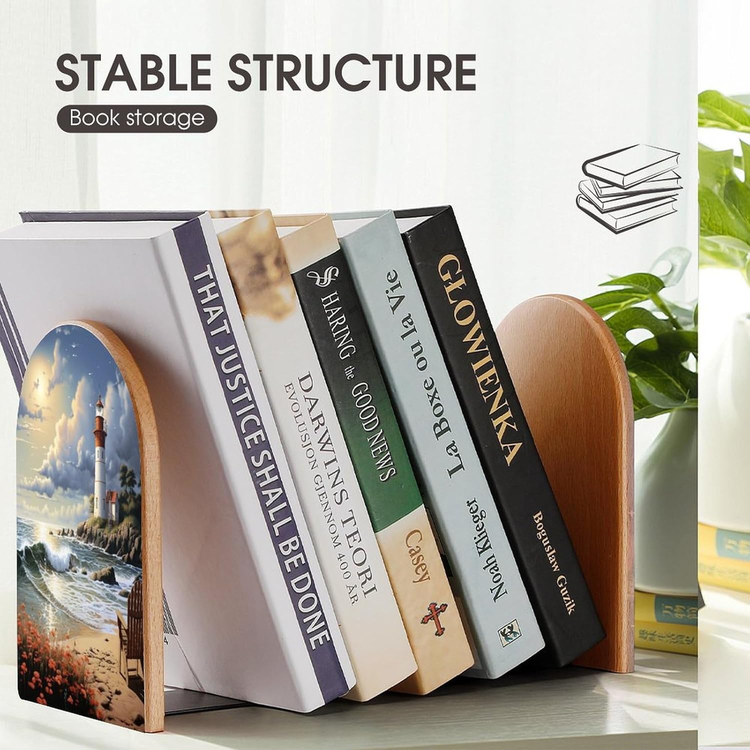 大型木製ブックエンド パーソナライズメタルベース 海 灯台 砂浜 プリント ブックエンド モダン 高耐久 ブックエンド 自宅やオフィ