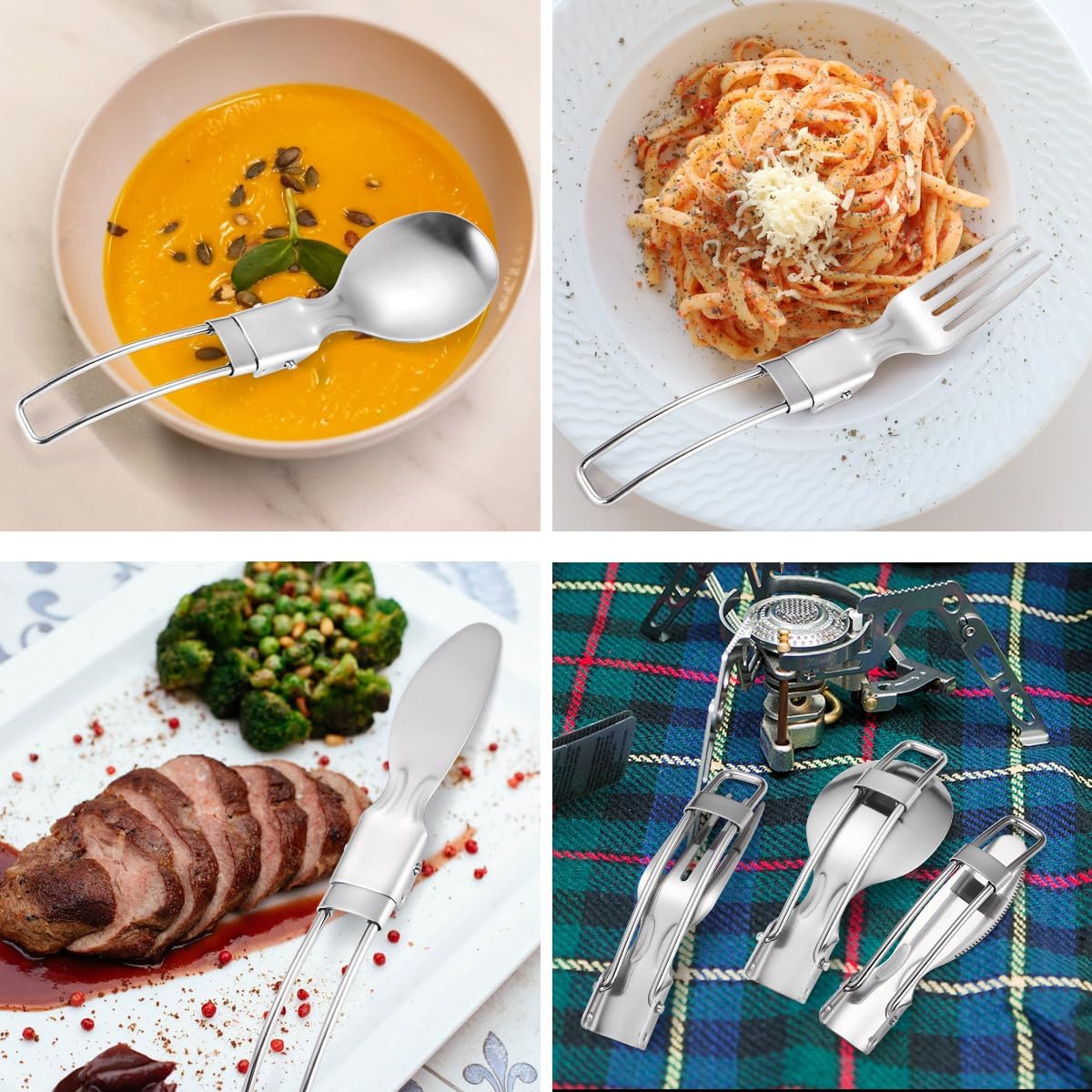 Silverware Flatware Set, 3/12/18/24/30/36 Pieces Stainless Steel Outdoor Portable Tableware Set Travel Retractable Foldable Camping Picnic dinner Knife, Fork And Spoon (Color : Silver, Si