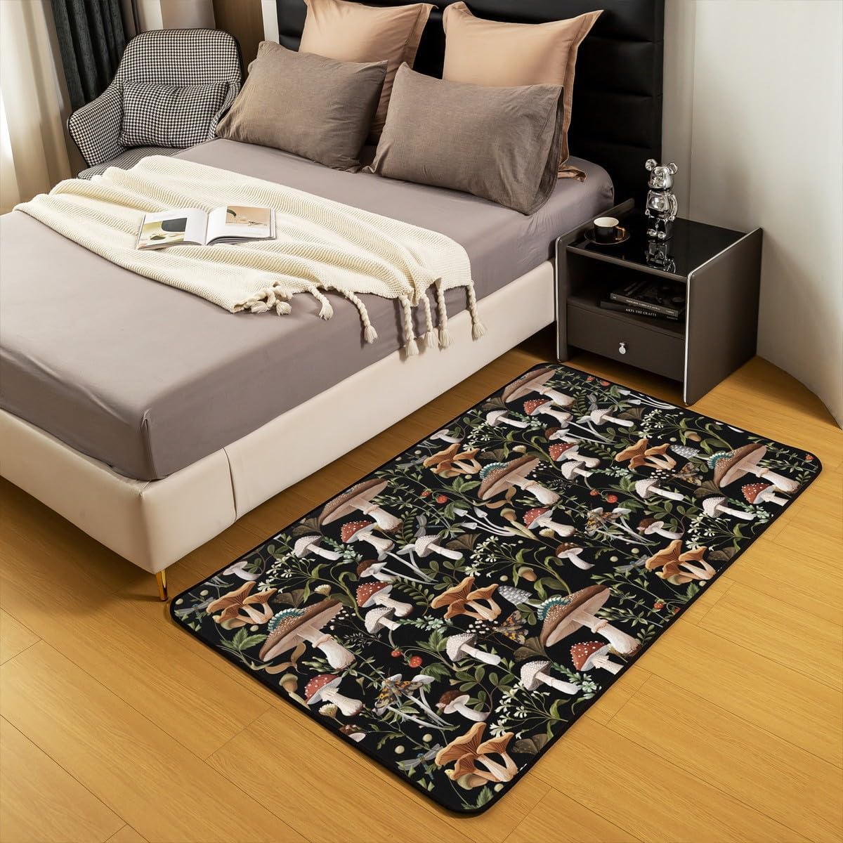 Mushroom Rug 3x5, Rustic Wild Colorful Mushroom Plant Carpet, Farmhouse Style Stawberry Indoor Floor Mat, Botanical Decorative Area Rug Country Nature Accent Rug for Bedside Living Room Playroom